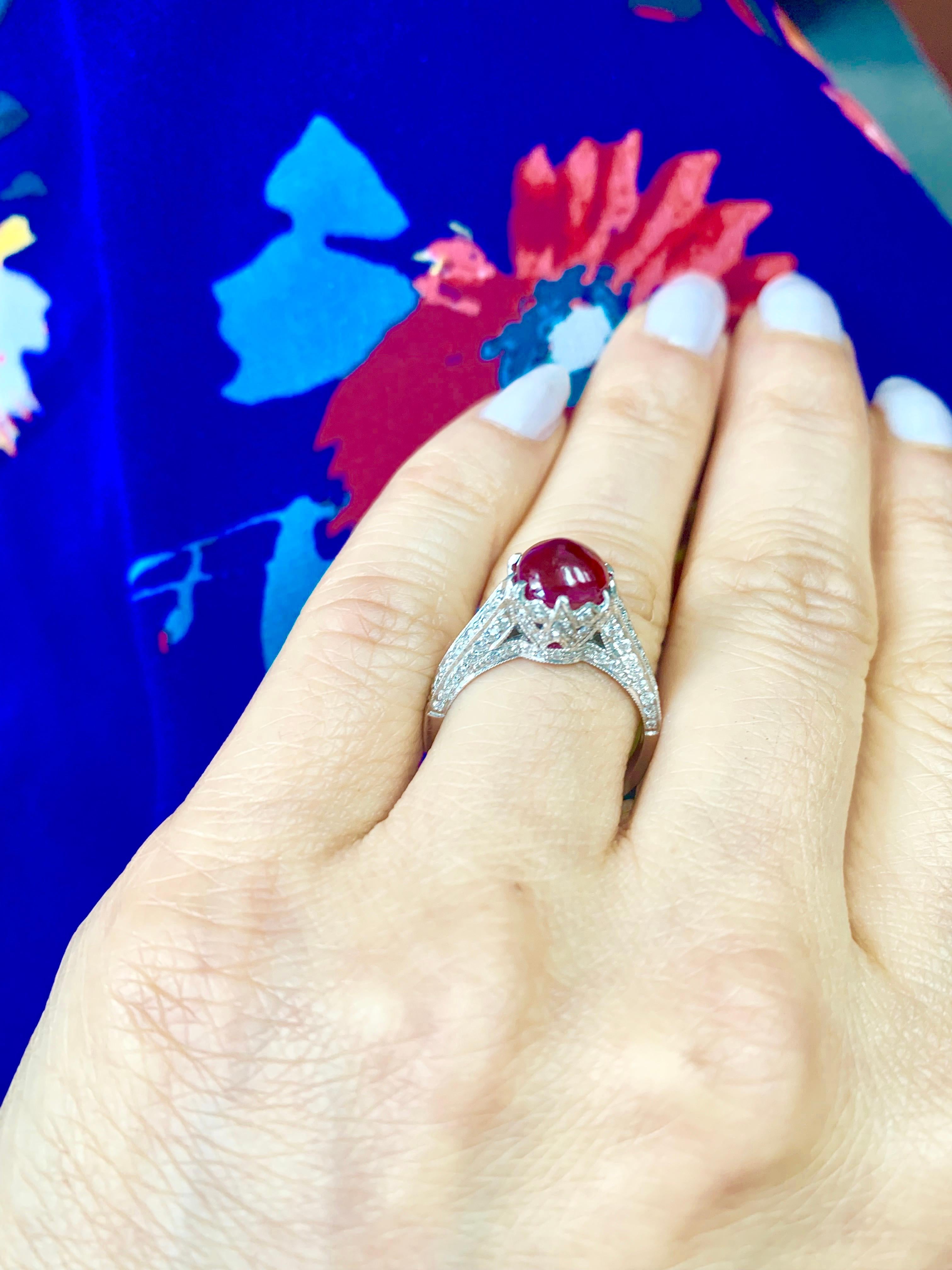 Burma No Heat Ruby Cabochon and Diamond Engagement Ring C. Dunaigre Certified.  For Sale 2