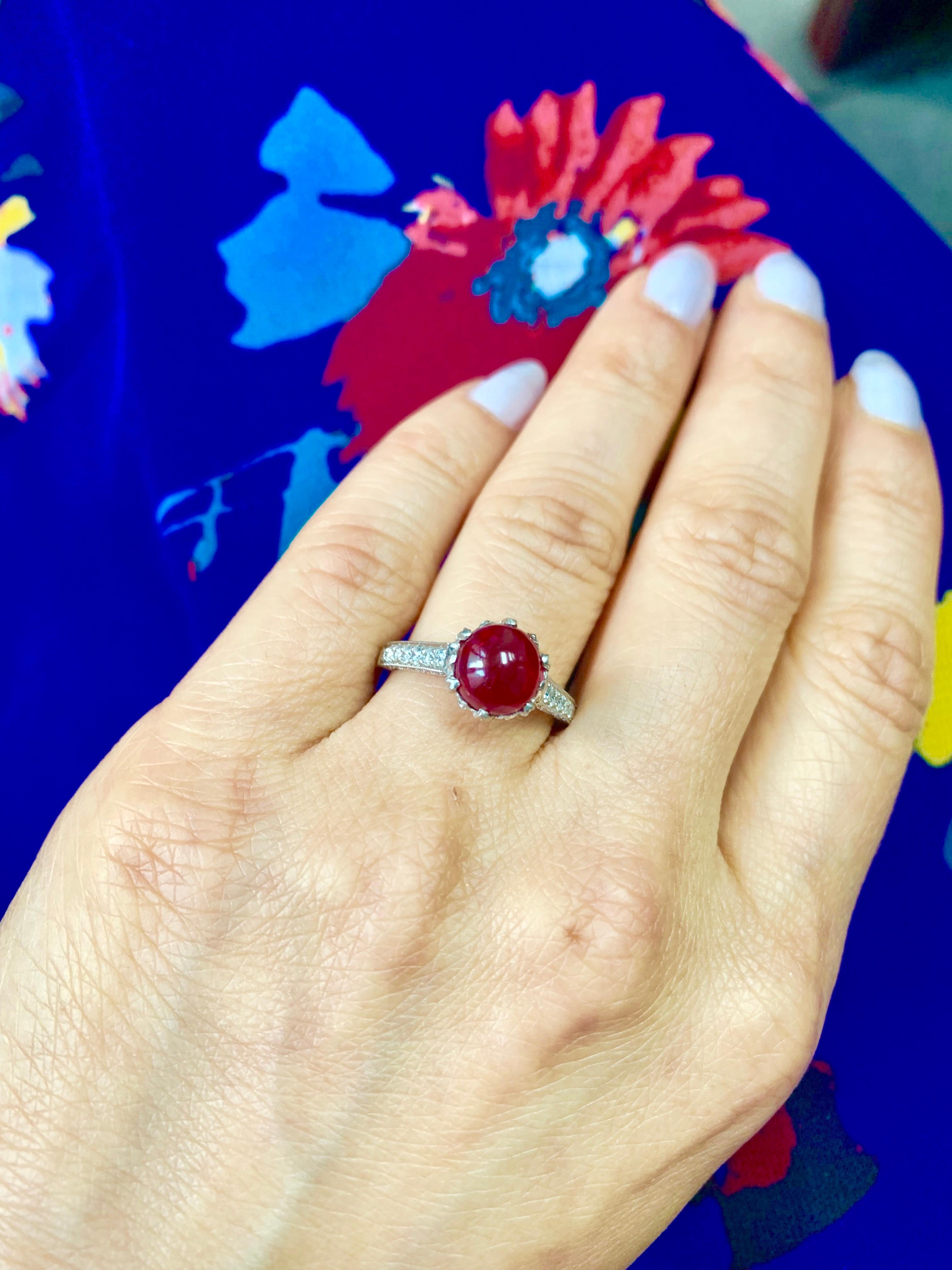 Burma No Heat Ruby Cabochon and Diamond Engagement Ring C. Dunaigre Certified.  For Sale 3