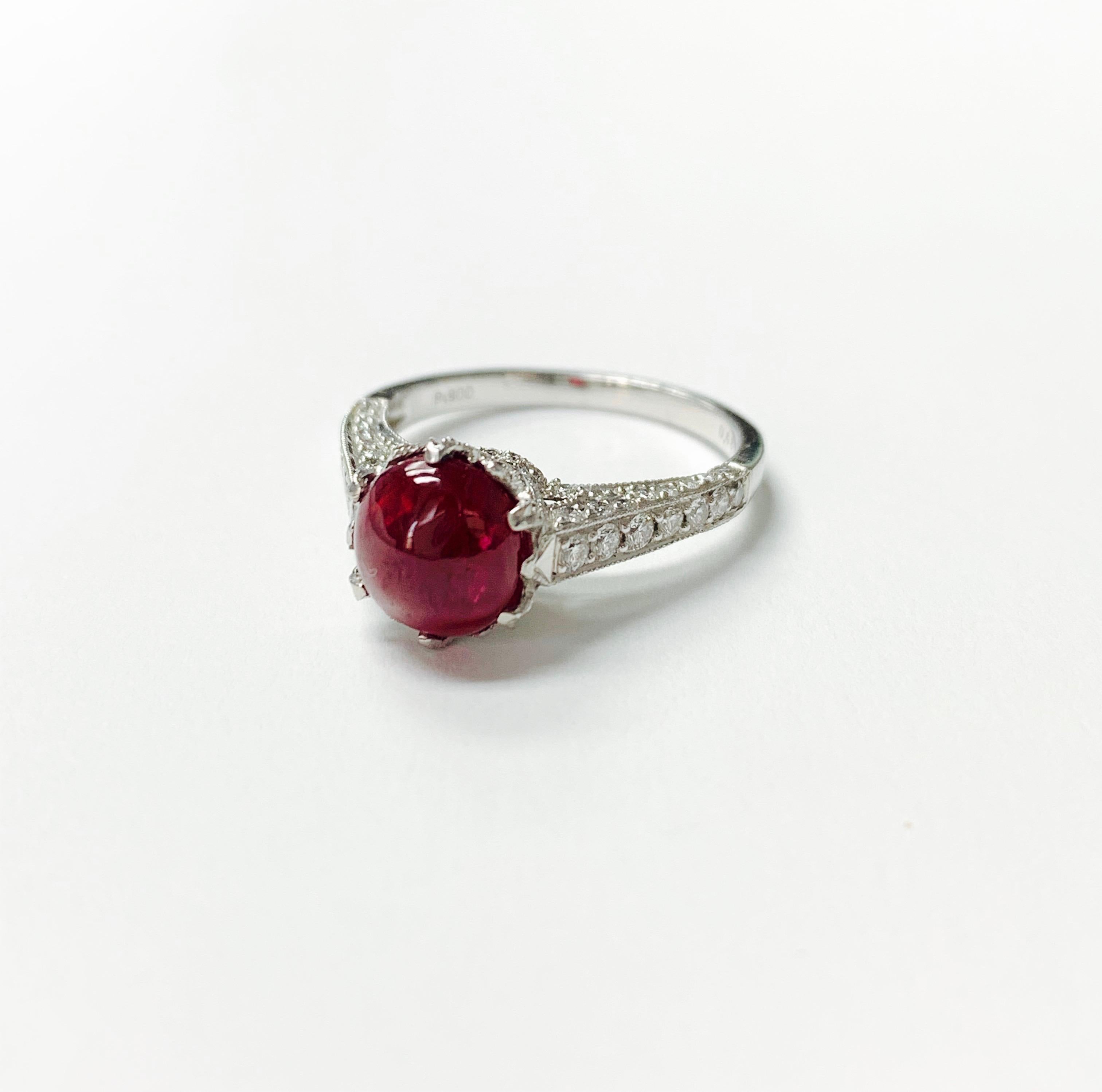 Very pretty C.D certified burma no heat ruby cabochon and white diamond ring hand crafted in 18k white gold.
The details are as follows : 
Ruby cabochon weight : 3.71 carats 
Ring size : 6.5
Metal : 18K white gold 
measurements : approx