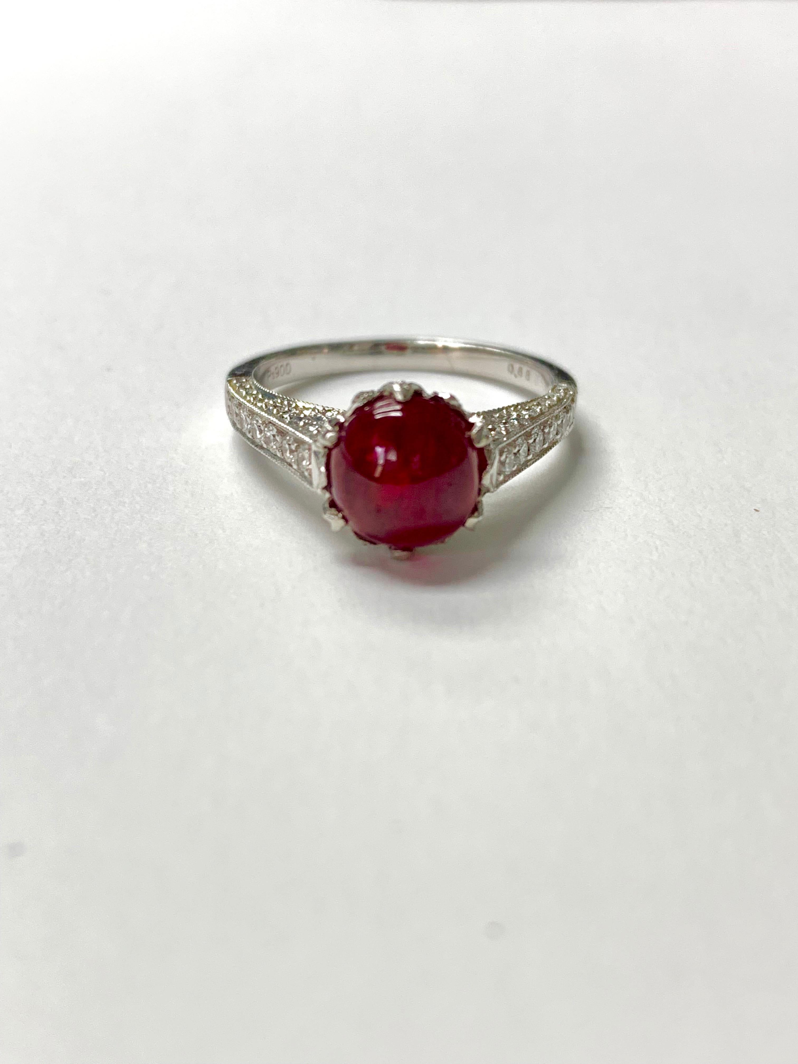 Contemporary Burma No Heat Ruby Cabochon and Diamond Engagement Ring C. Dunaigre Certified. For Sale