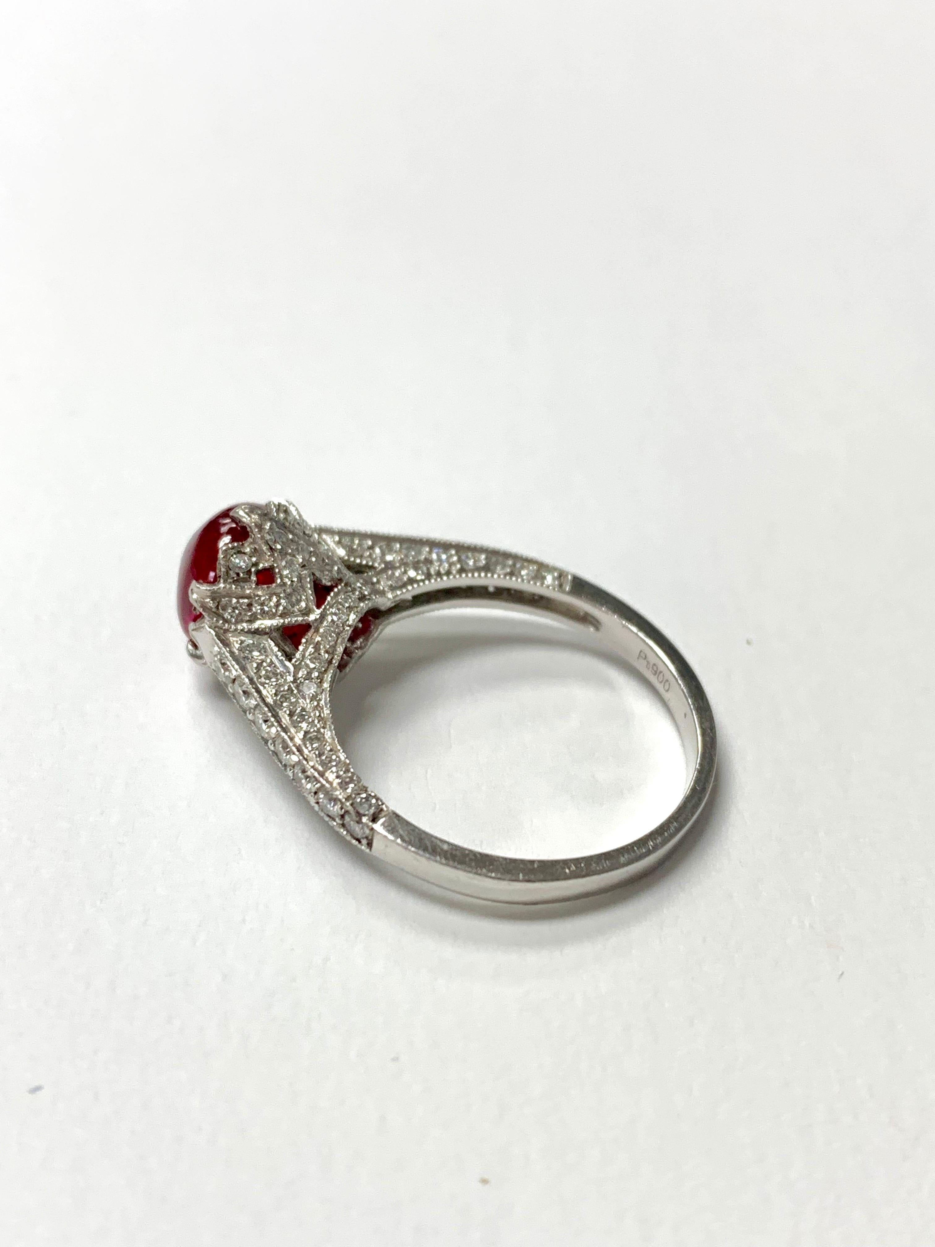 Burma No Heat Ruby Cabochon and Diamond Engagement Ring C. Dunaigre Certified.  In New Condition For Sale In New York, NY