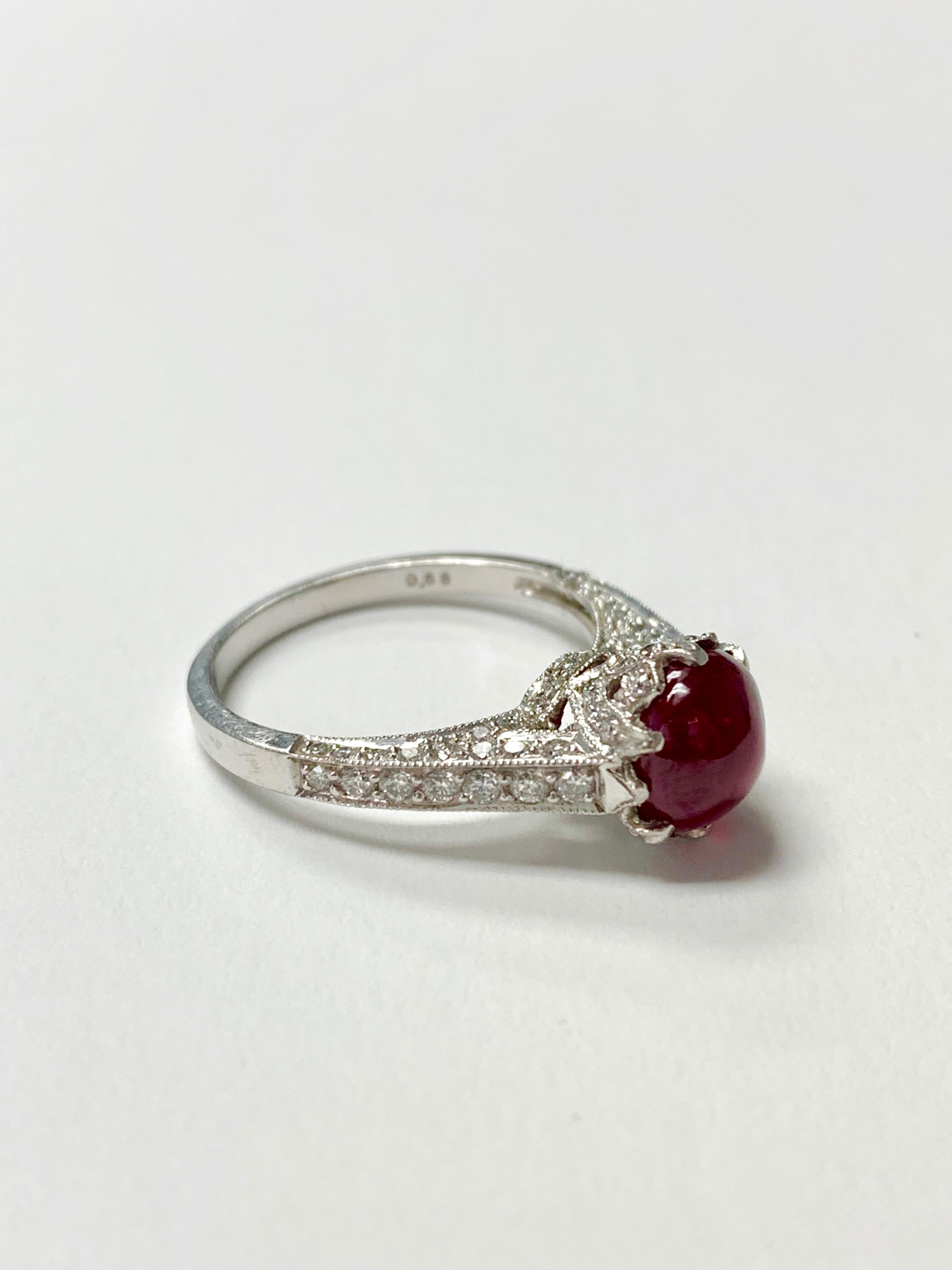 Women's Burma No Heat Ruby Cabochon and Diamond Engagement Ring C. Dunaigre Certified.  For Sale