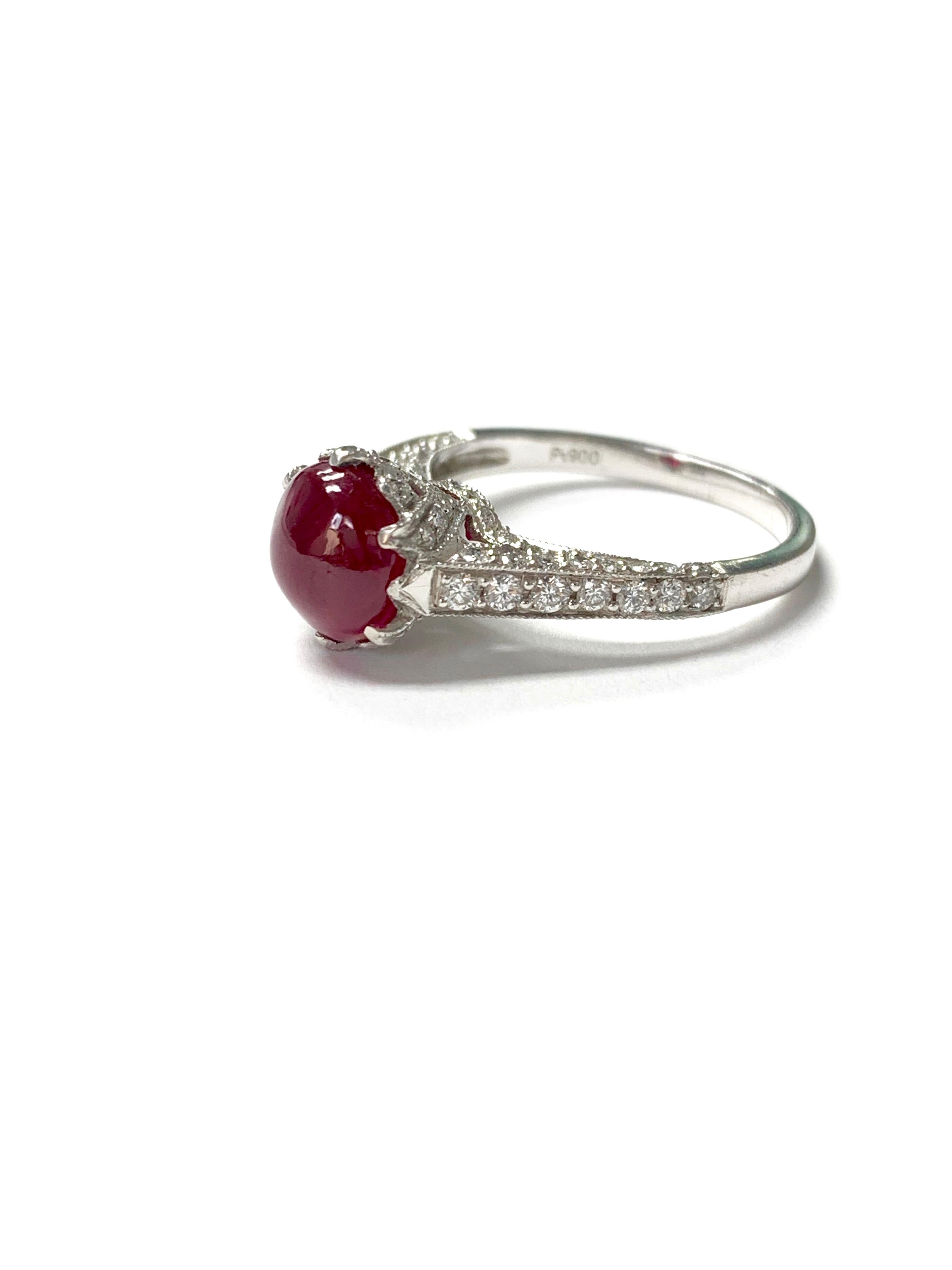 Burma No Heat Ruby Cabochon and Diamond Engagement Ring C. Dunaigre Certified.  For Sale 1