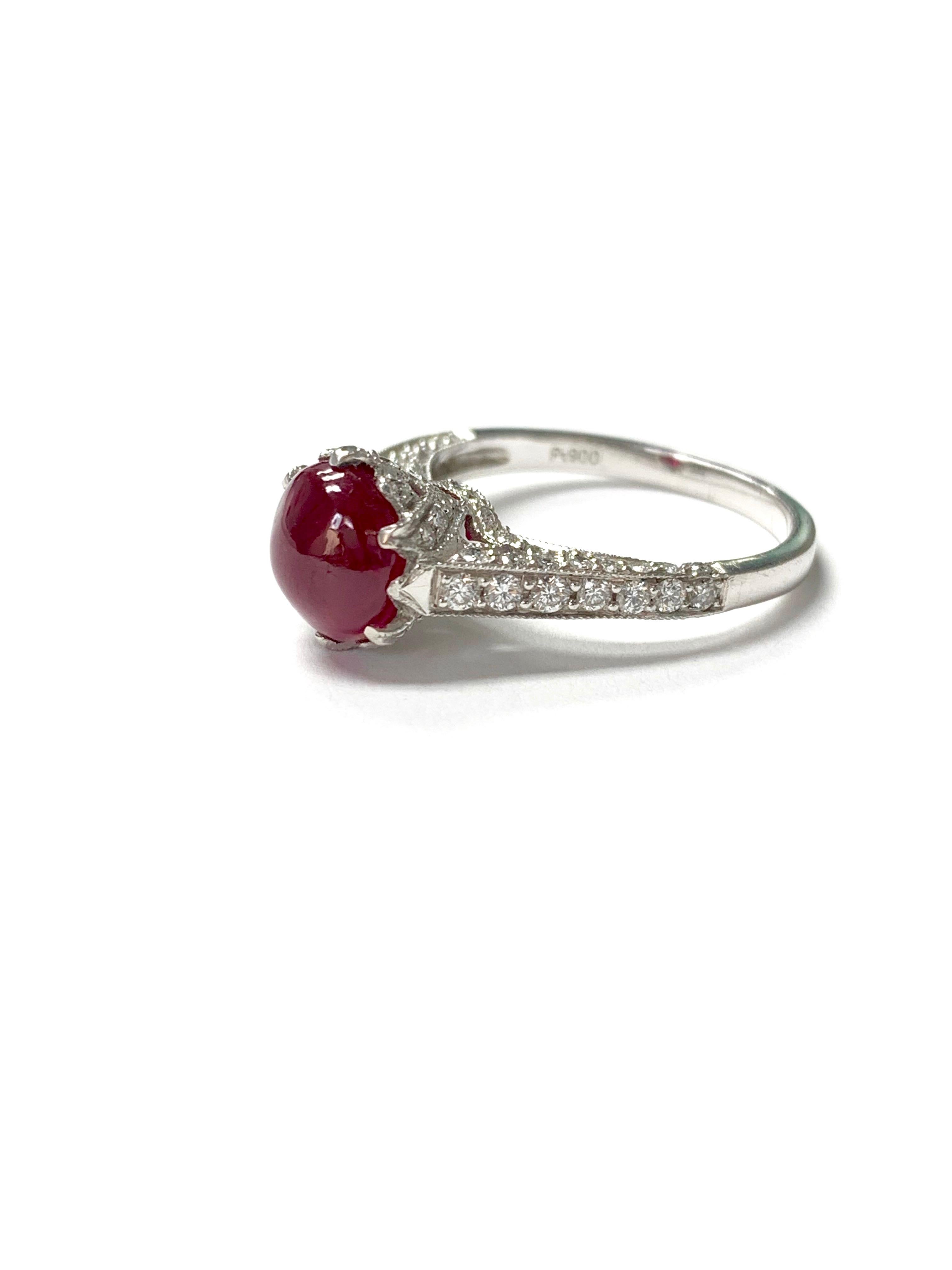 Burma No Heat Ruby Cabochon and Diamond Engagement Ring C. Dunaigre Certified. For Sale 1