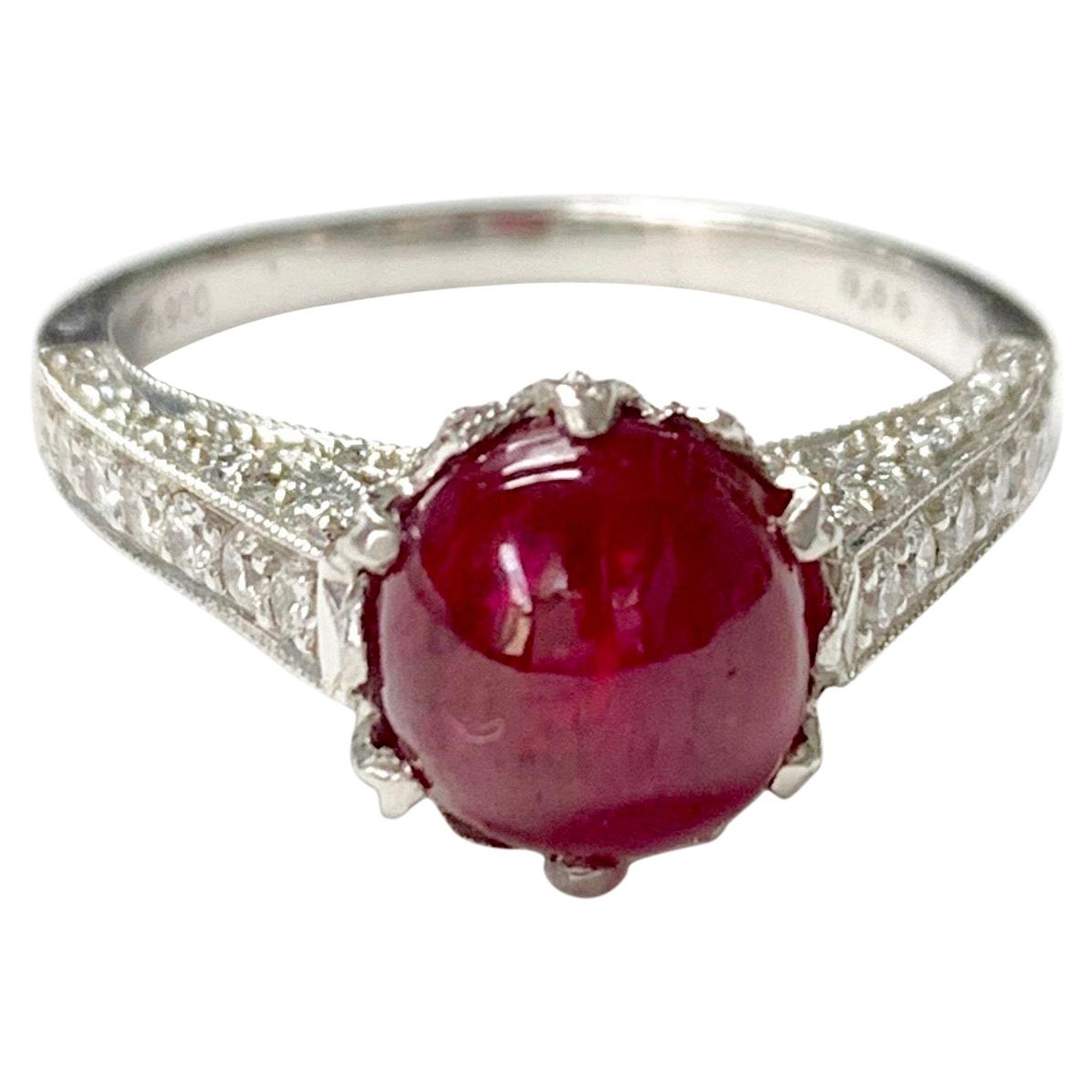 Burma No Heat Ruby Cabochon and Diamond Engagement Ring C. Dunaigre Certified. 