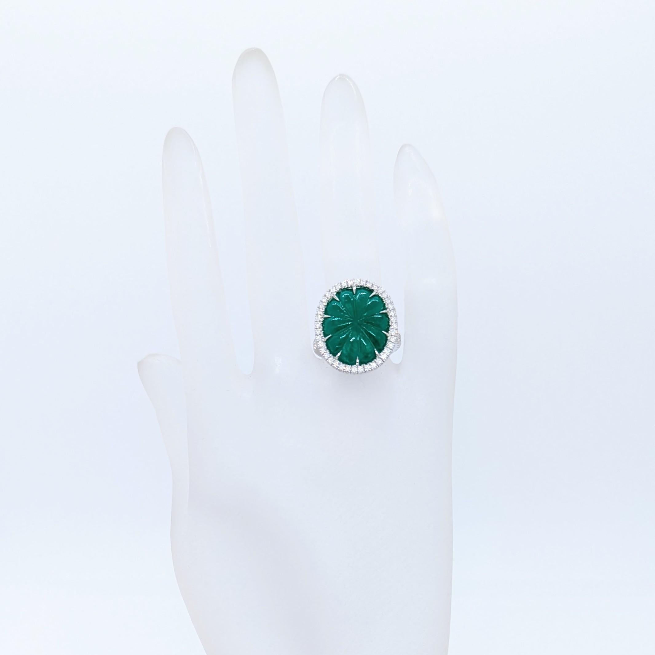 Oval Cut C. Dunaigre Certified Carved Colombian Emerald Oval and White Diamond Ring For Sale