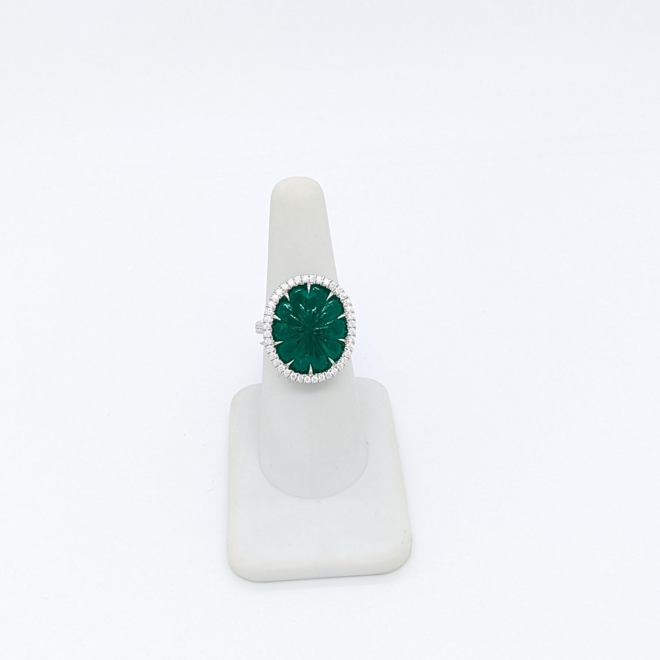 C. Dunaigre Certified Carved Colombian Emerald Oval and White Diamond Ring In New Condition For Sale In Los Angeles, CA