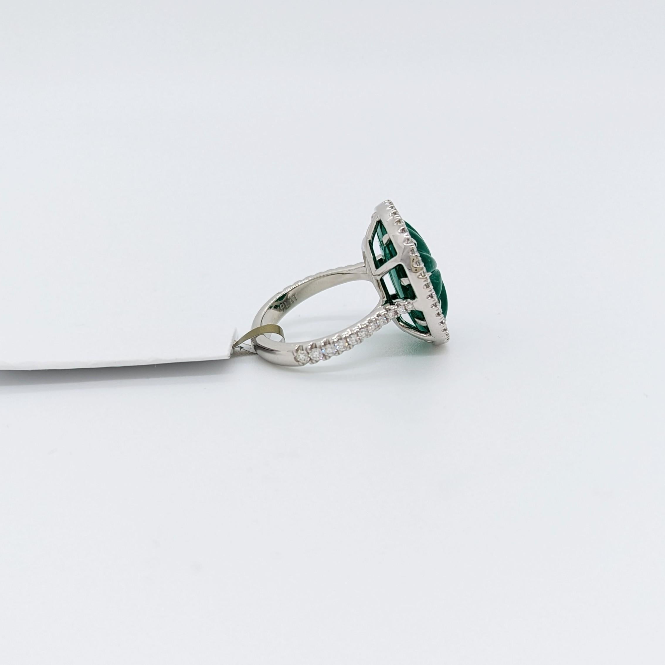 Oval Cut C. Dunaigre Certified Carved Colombian Emerald Oval and White Diamond Ring For Sale
