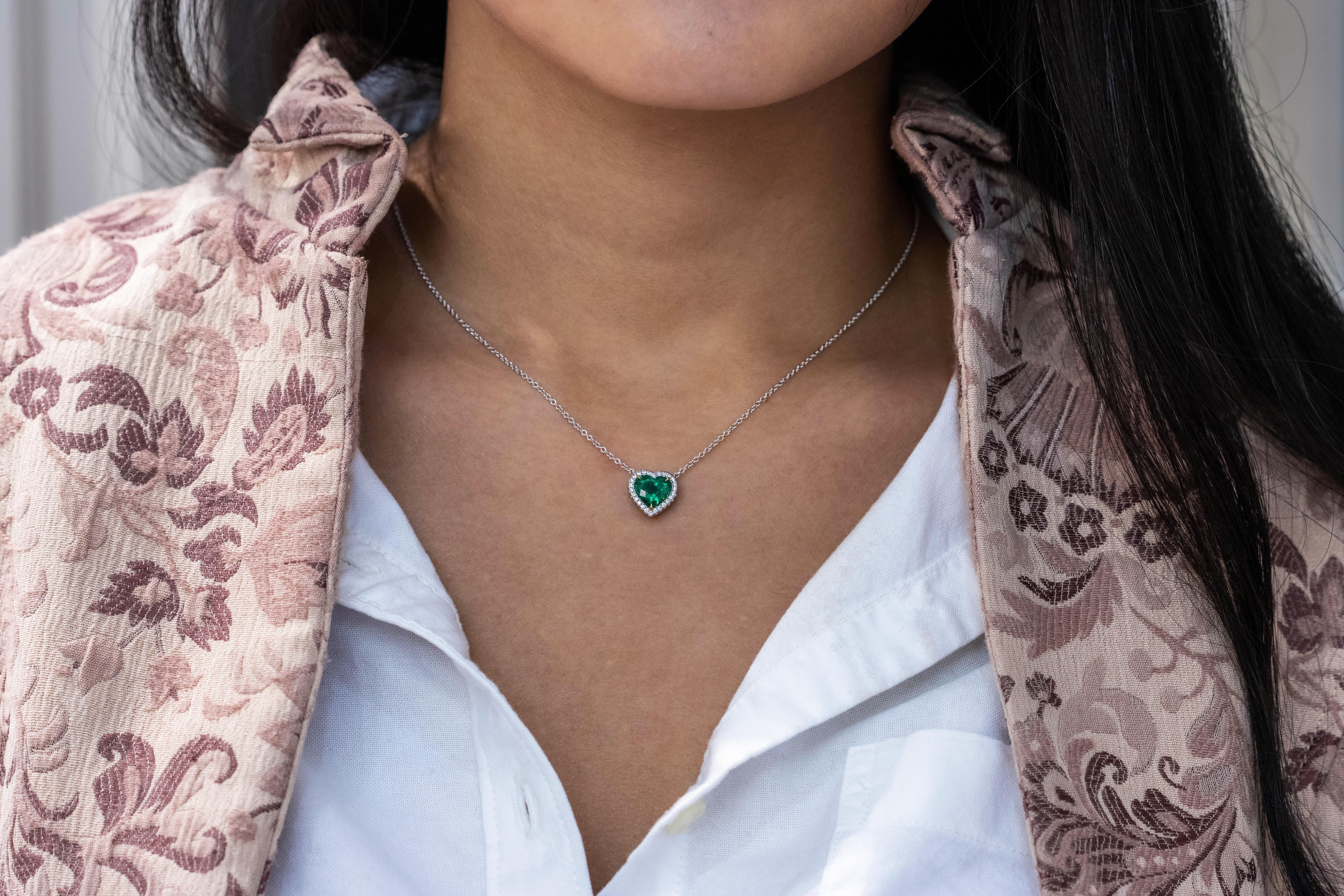 Heart Cut C. Dunaigre Certified Colombian Emerald and Diamond Halo Pendant Necklace