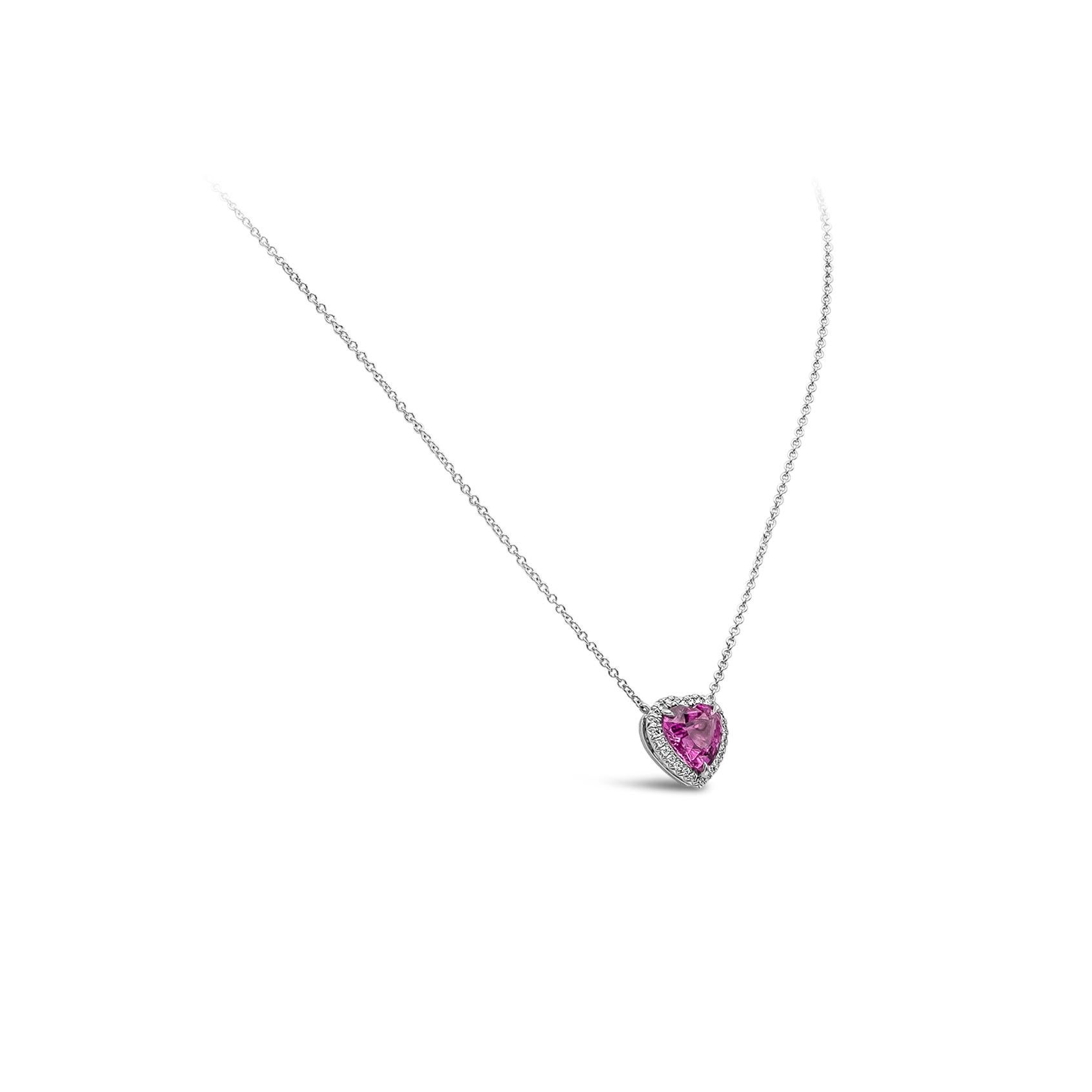 Contemporary C. Dunaigre Certified Heart Pink Sapphire and Diamond Halo Pendant Necklace