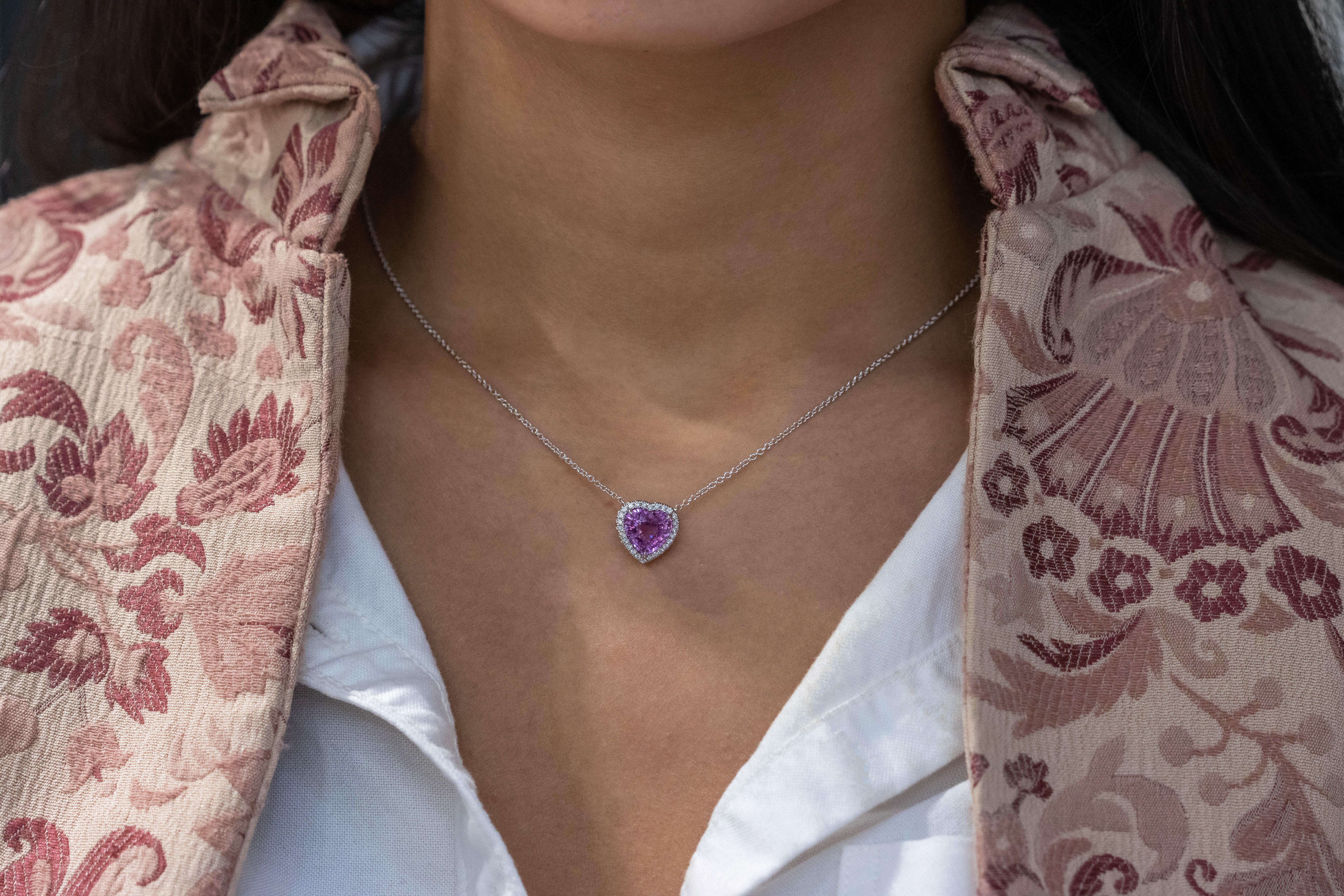 Heart Cut C. Dunaigre Certified Heart Pink Sapphire and Diamond Halo Pendant Necklace