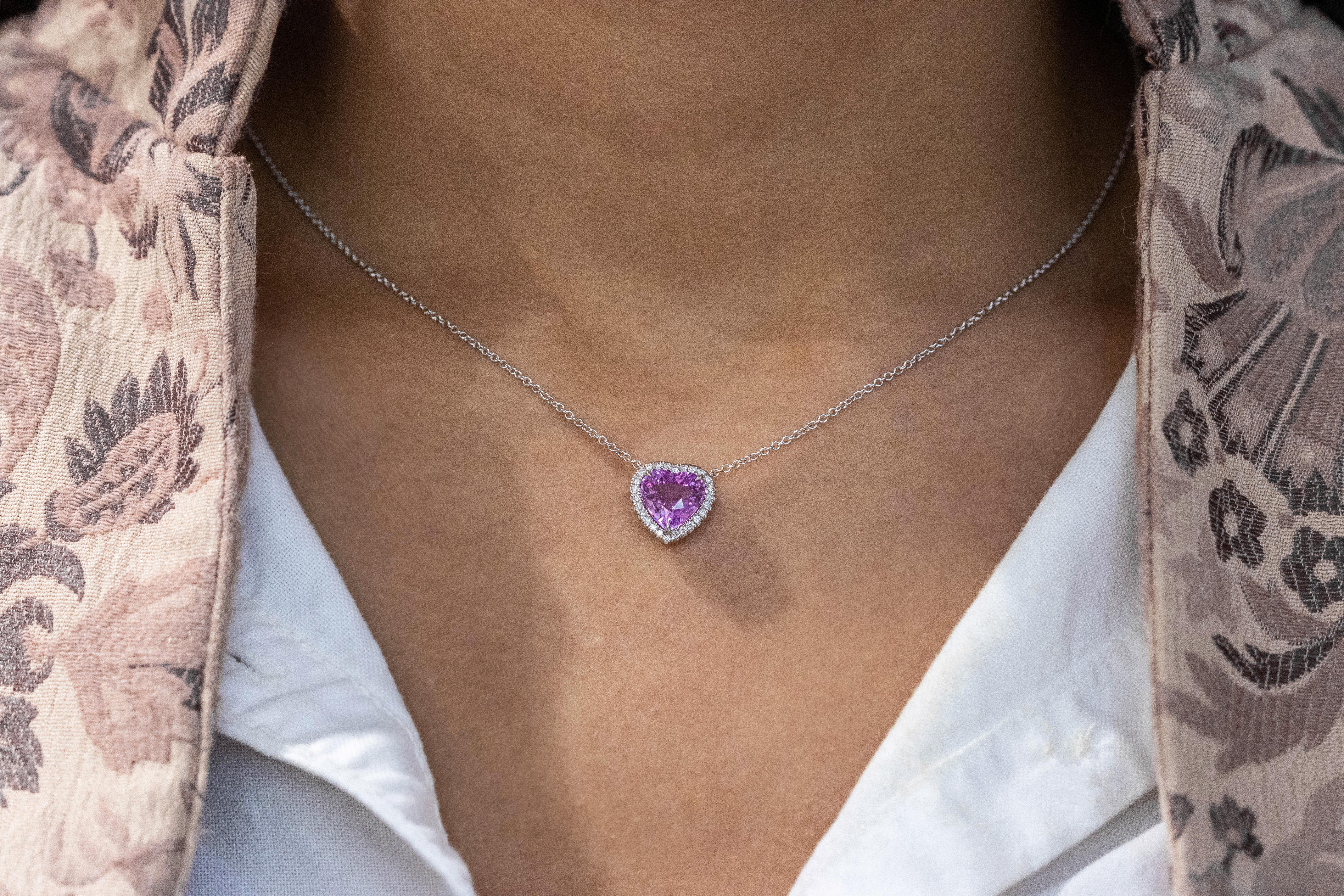 C. Dunaigre Certified Heart Pink Sapphire and Diamond Halo Pendant Necklace In New Condition In New York, NY