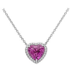 C. Dunaigre Certified Heart Pink Sapphire and Diamond Halo Pendant Necklace