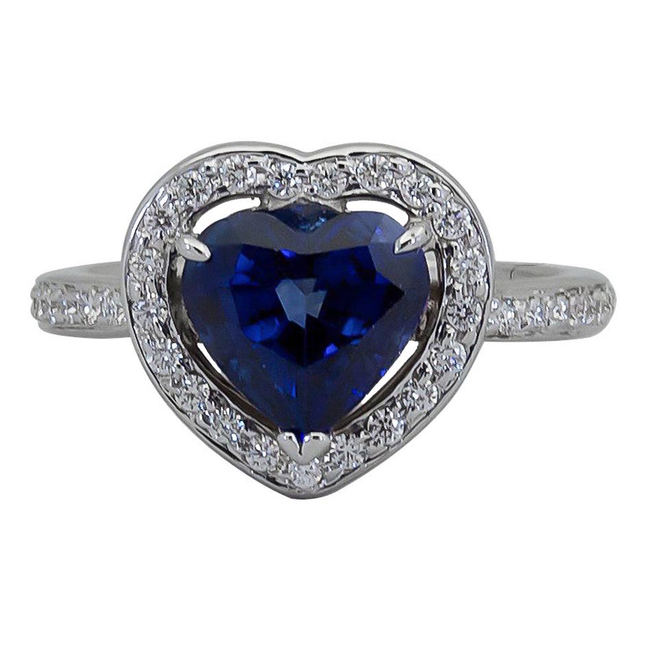 C. Dunaigre Certified Heart Shape Blue Sapphire Diamond Halo Engagement Ring