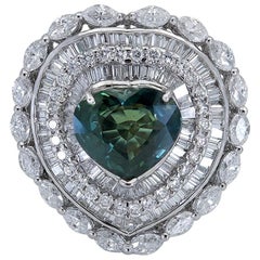 C. Dunaigre Certified Heart Shape Green Sapphire and Diamond Cocktail Ring