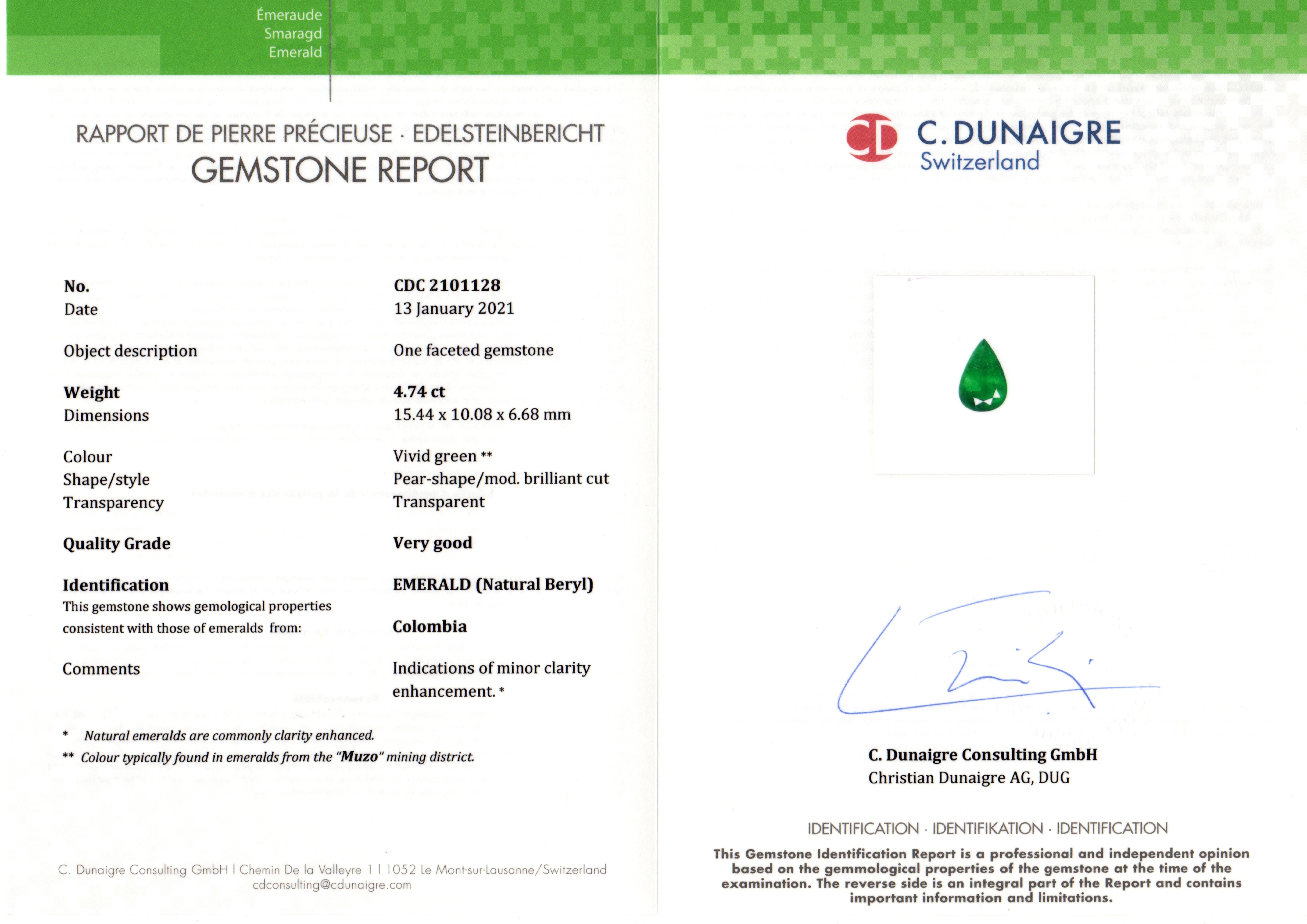C. Dunaigre Certified Pear Cut Muzo Colombian Emerald Necklace For Sale 1