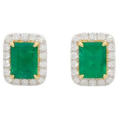 C. Dunaigre Colombian Emerald and White Diamond Earring Studs in 18k Gold