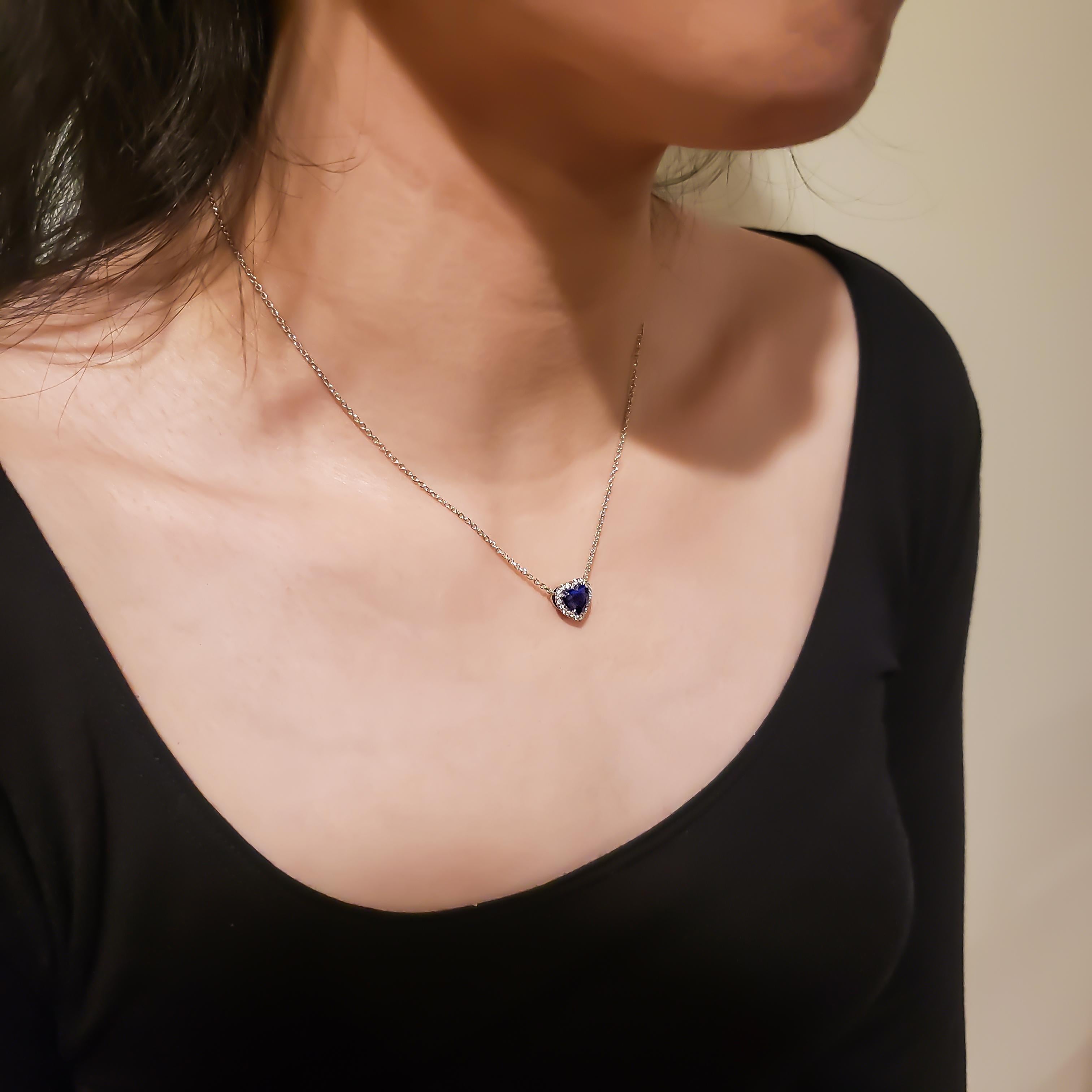 Contemporary C. Dunaigre Heart Shape Blue Sapphire and Diamond Halo Pendant Necklace For Sale