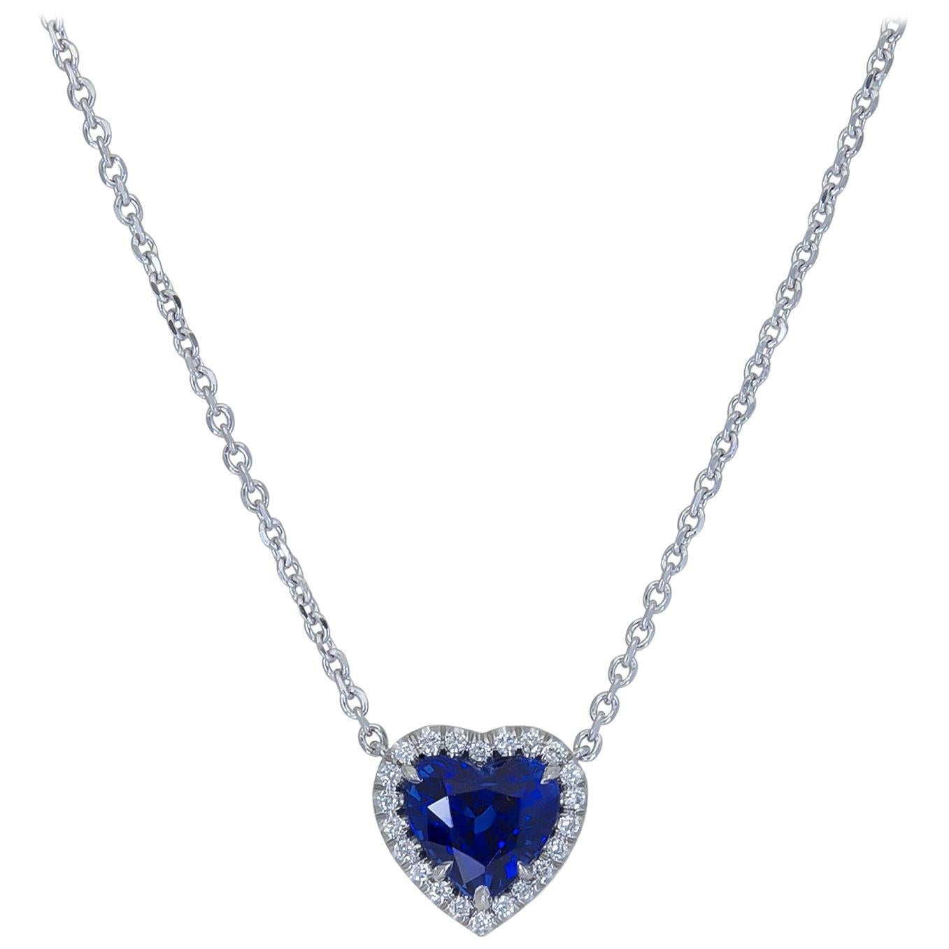 C. Dunaigre Heart Shape Blue Sapphire and Diamond Halo Pendant Necklace For Sale