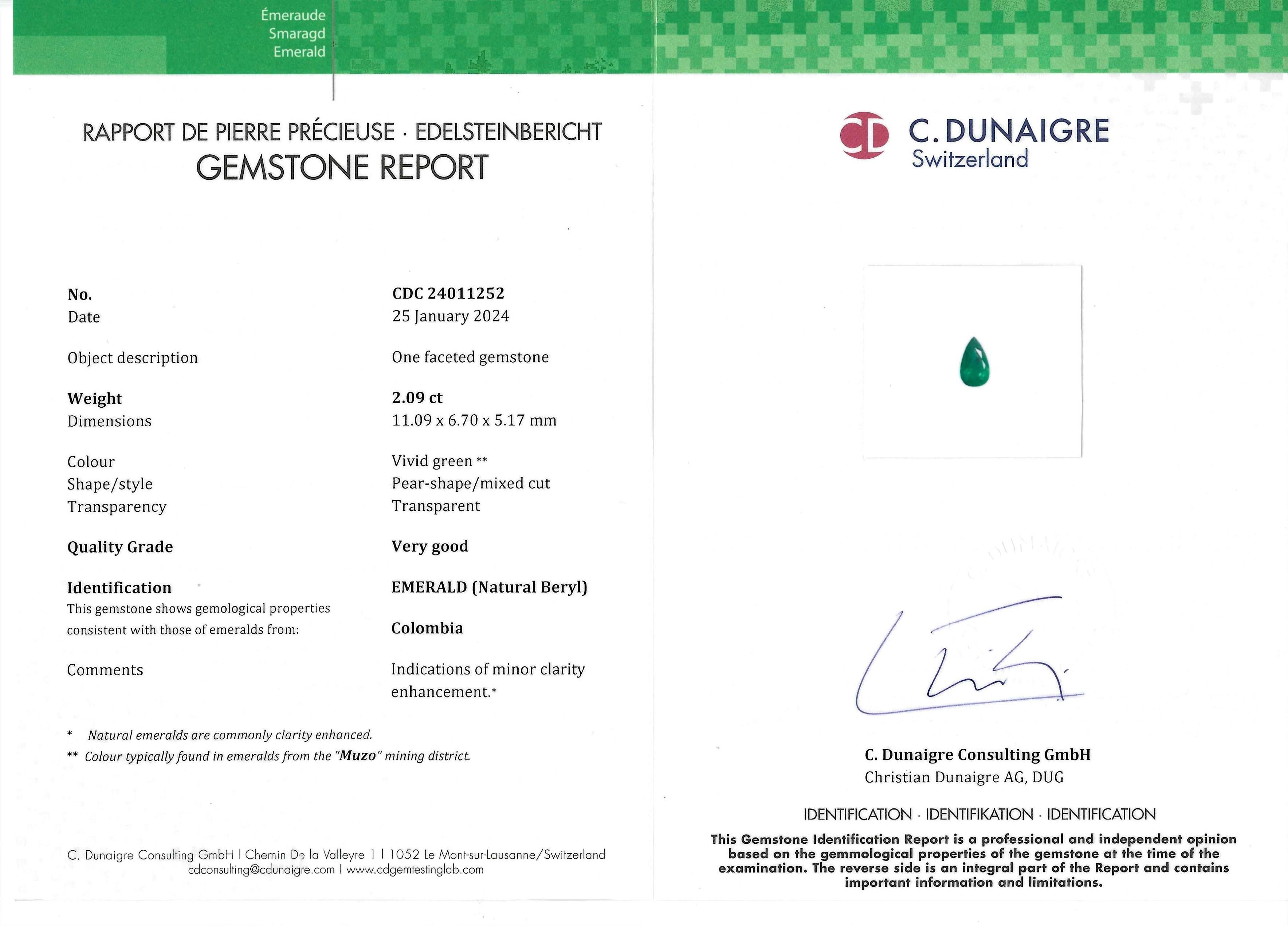 da uomo o donna C. Dunaigre Muzo Colombian 2.09 Carat Minor Oil Emerad Diamond Cocktail Ring in vendita