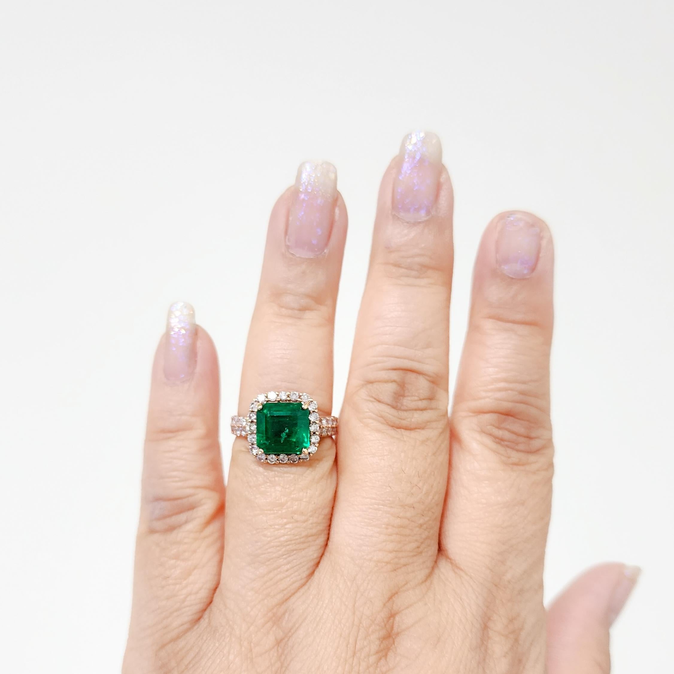 Emerald Cut C. Dunaigre Zambian Emerald and Diamond Cocktail Ring in 18k Rose Gold For Sale