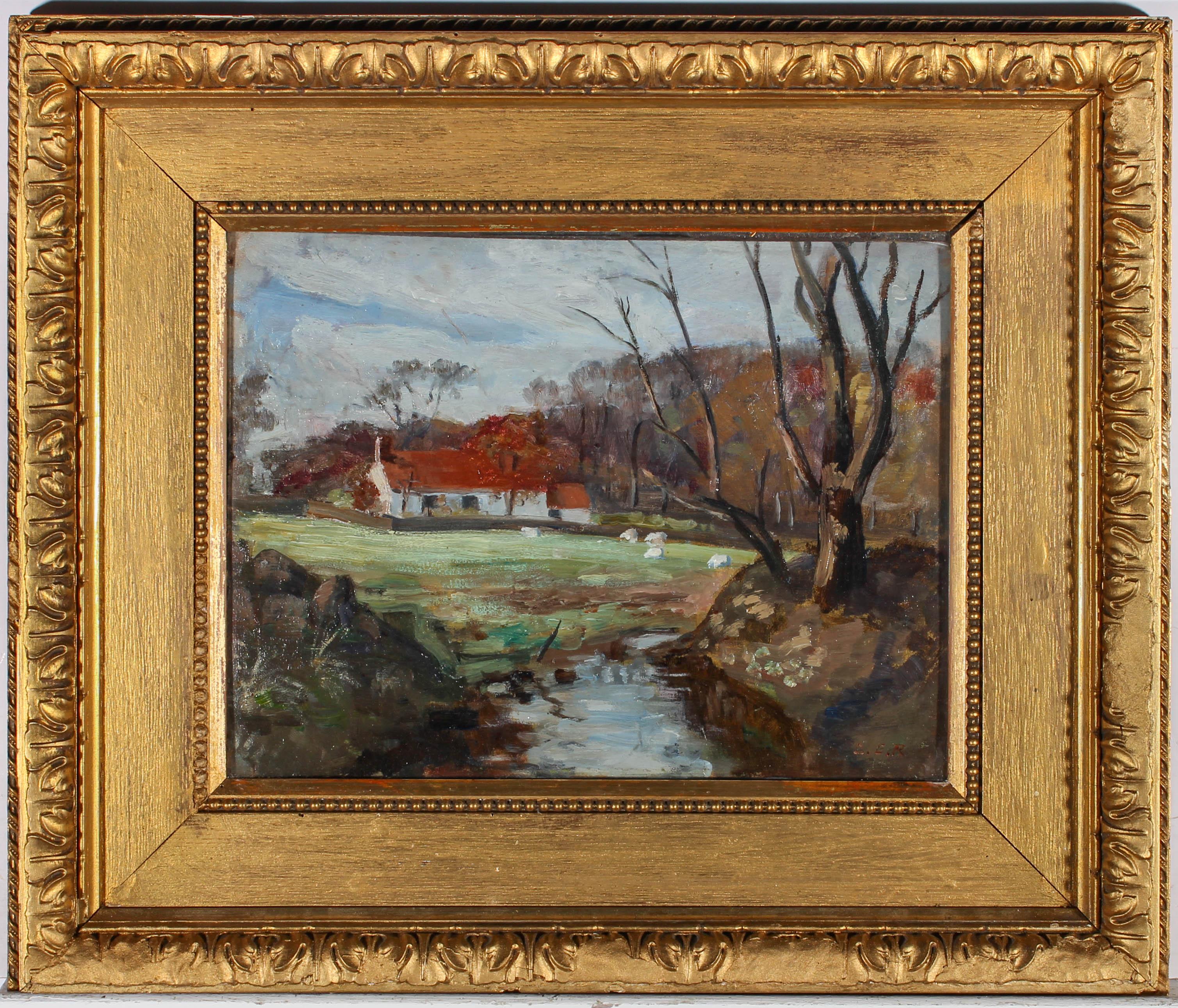 A charming impressionist oil study of a rural cottage surround by grazing animals and a small stream. The artist uses gestural brushstrokes and a rustic colour palette to perfecting capture the atmosphere of this pastoral scene. Signed with initials