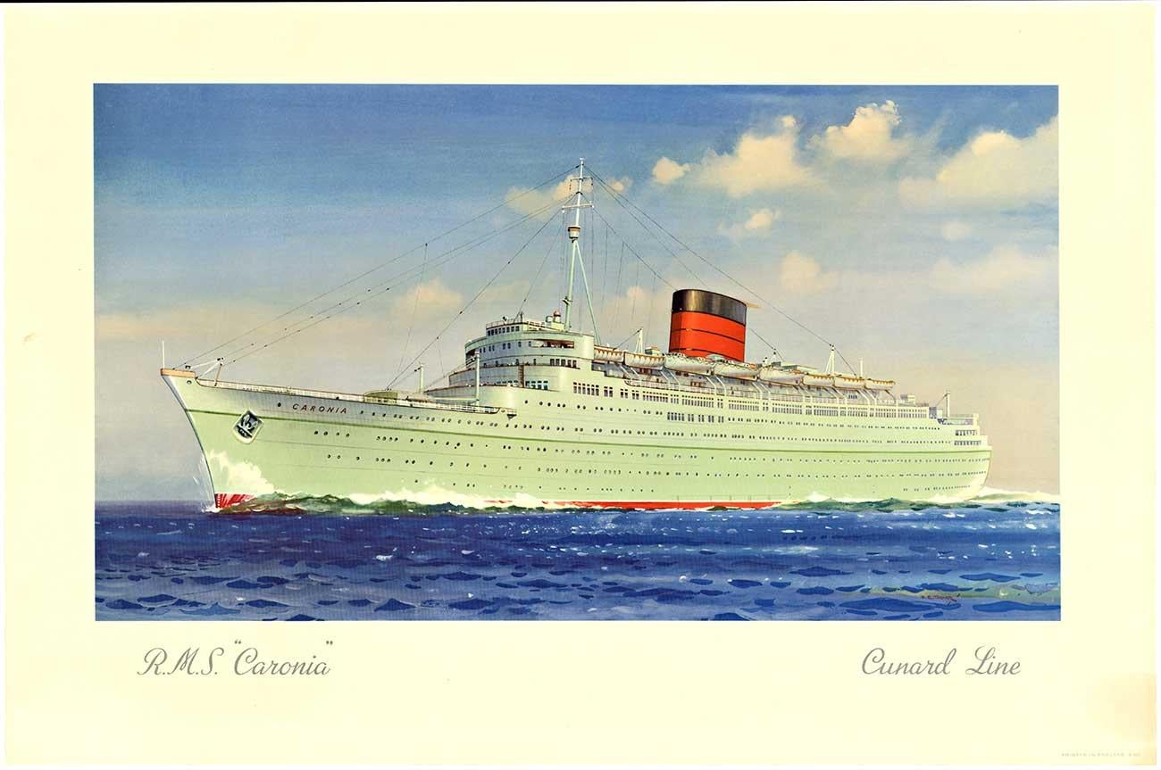 Vintage-Poster „R. M. S. Caronia, Cunard Line“, Kreuzfahrtschiff (Grau), Landscape Print, von C. E. Turner