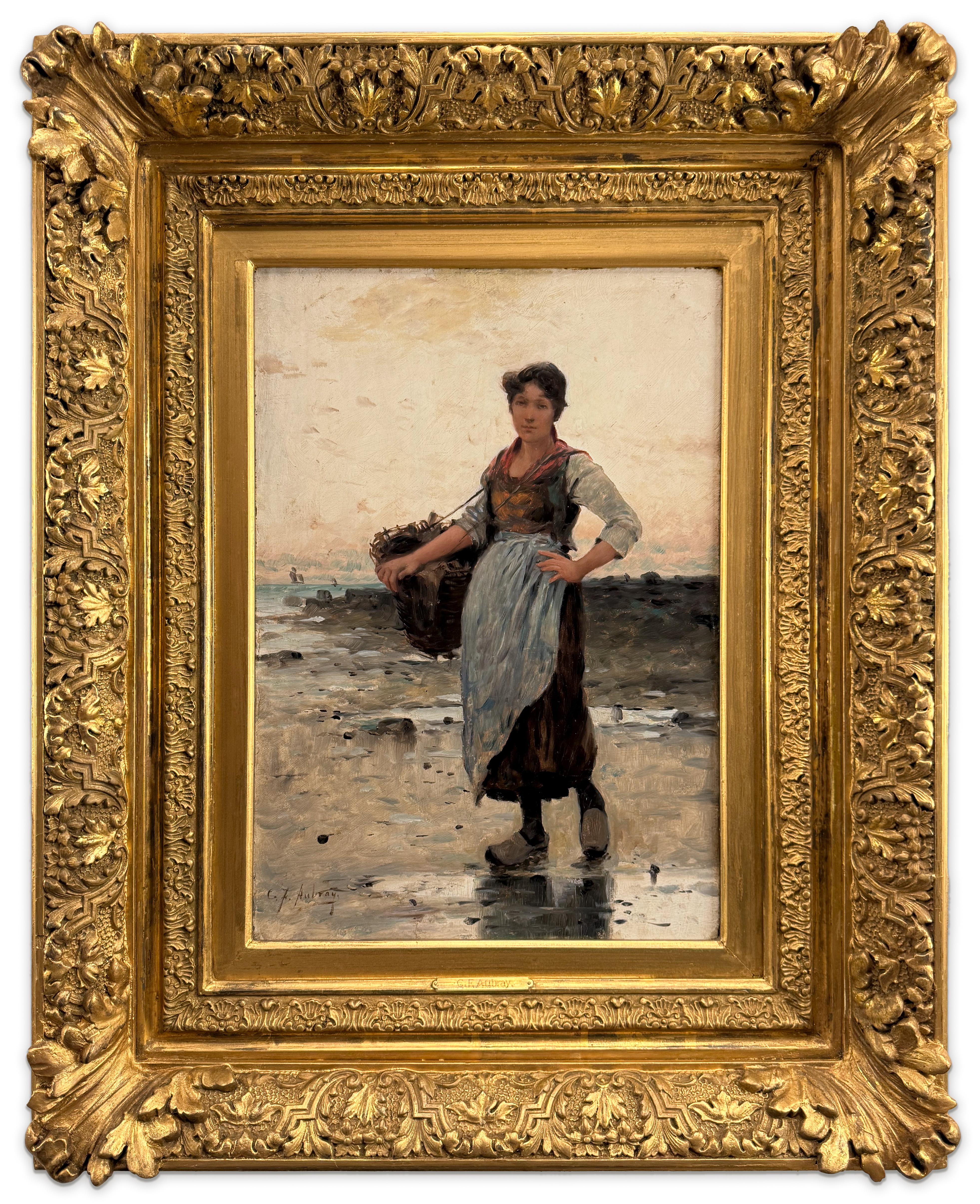 C F Aubray Portrait Painting – Bretonische Frau an der Küste