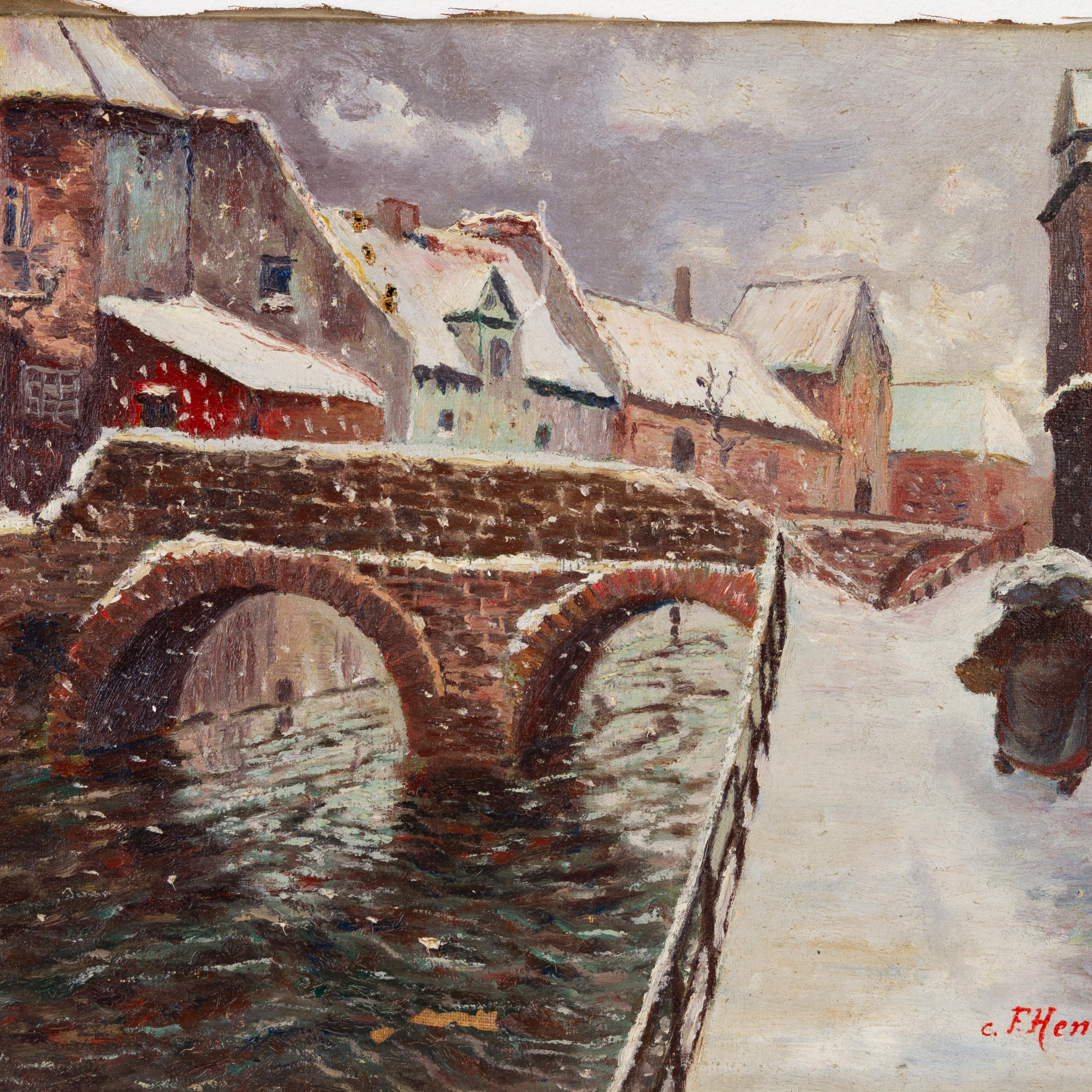 In buone condizioni
Da una collezione privata
Spedizione internazionale gratuita
C. F. Henry Belgian Winter Village Pittura a olio firmata inizio XX secolo
