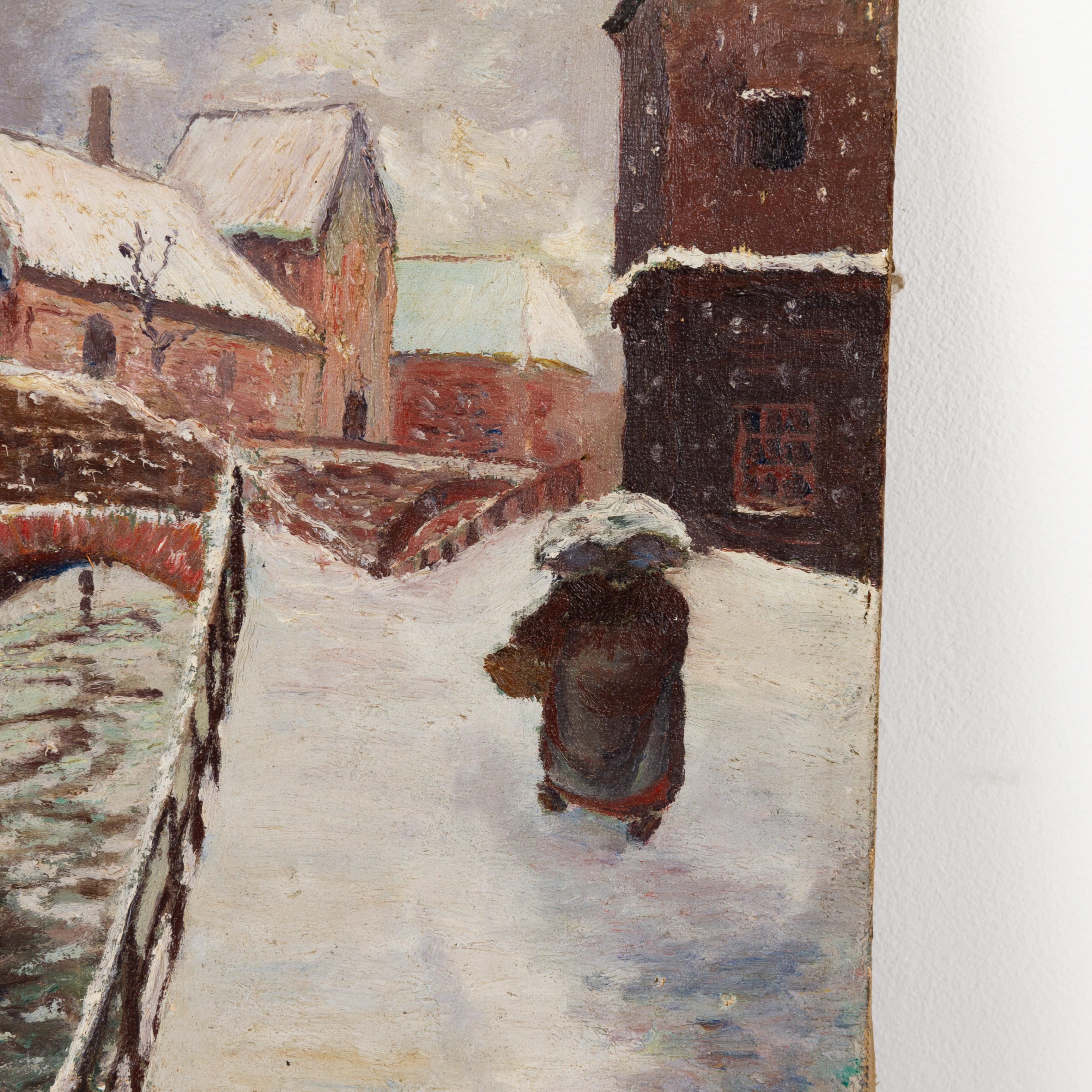 C. F. Henry Belgian Winter Village Pittura a olio firmata all'inizio del XX secolo In condizioni buone in vendita a Nottingham, GB