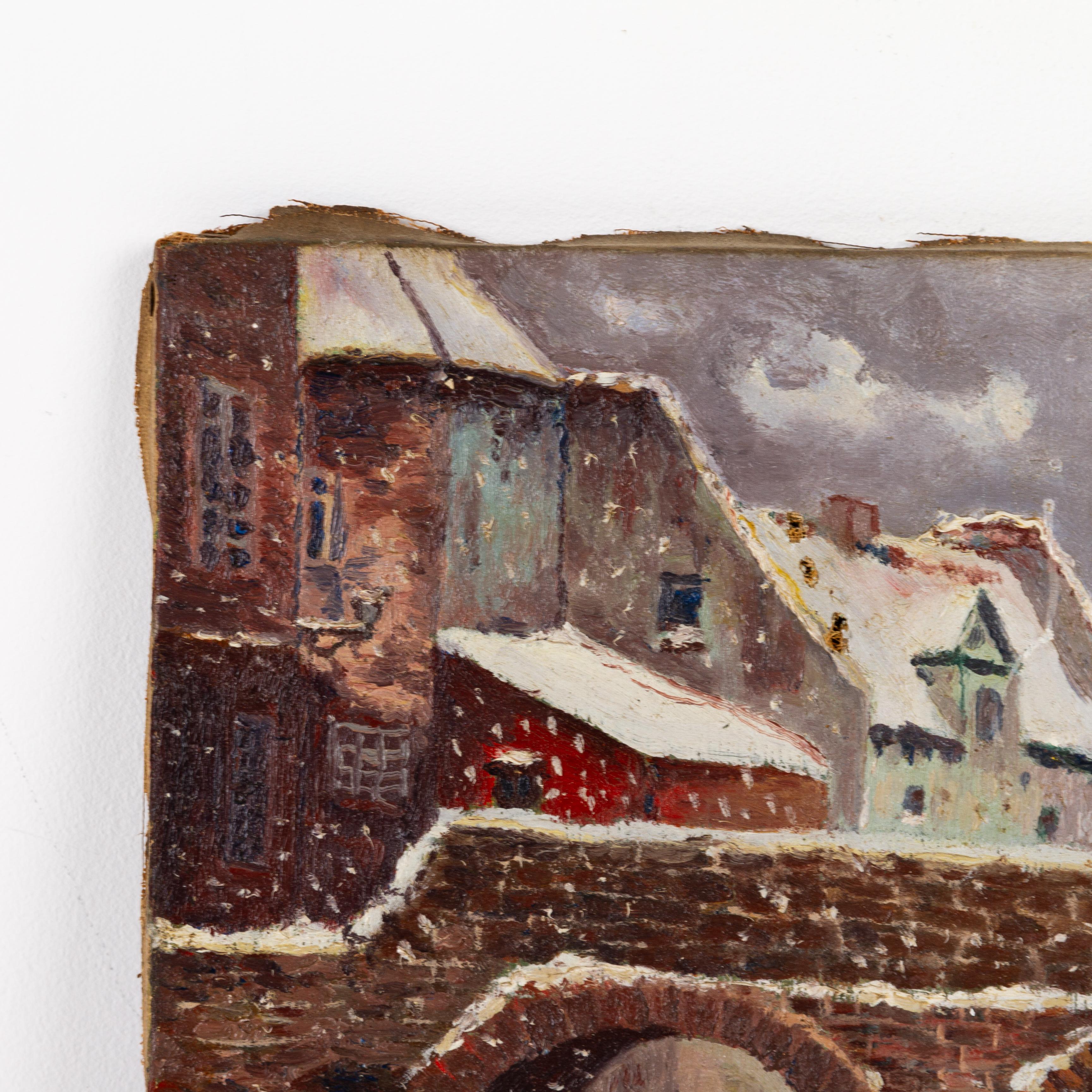 Tela C. F. Henry Belgian Winter Village Pittura a olio firmata all'inizio del XX secolo in vendita