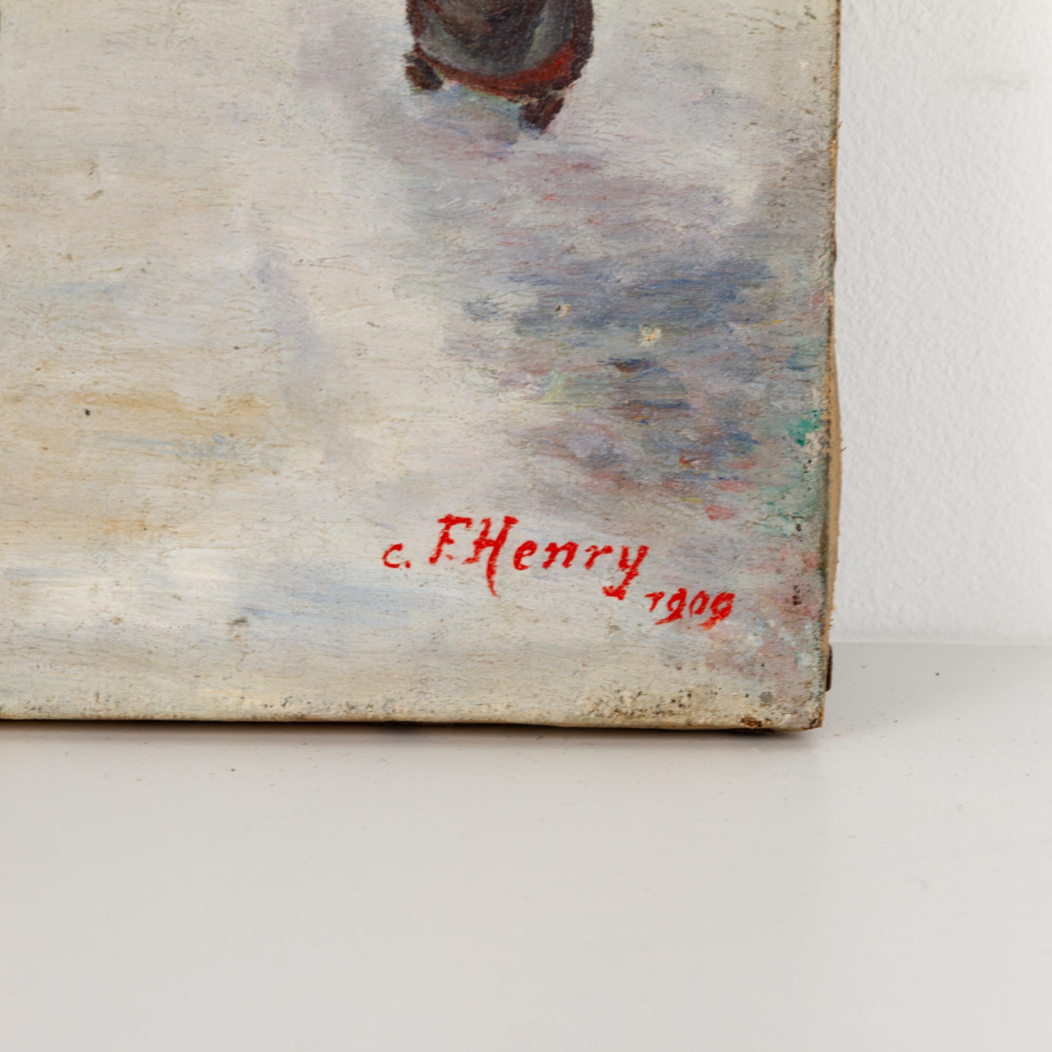 C. F. Henry Belgian Winter Village Pittura a olio firmata all'inizio del XX secolo in vendita 1