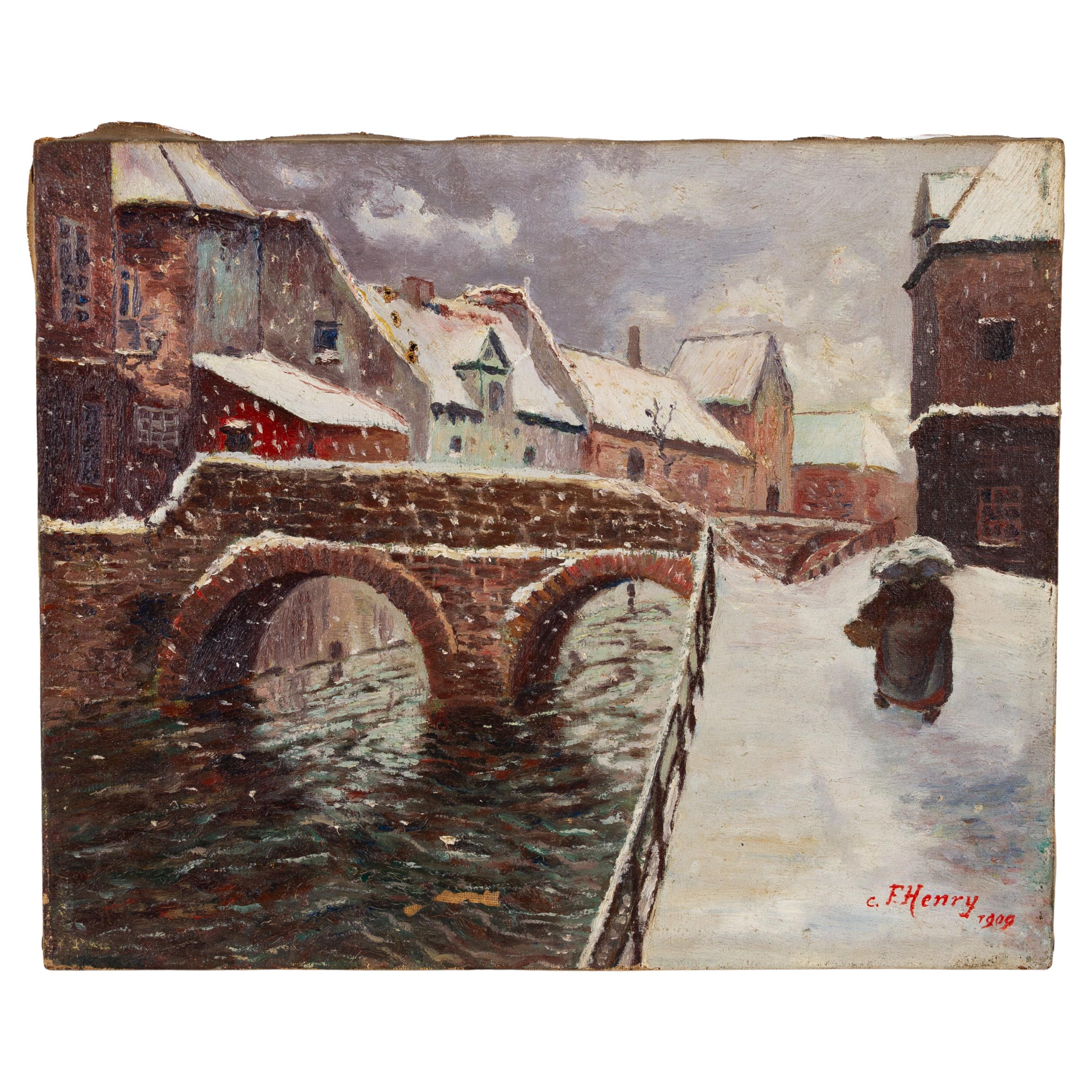 Belgisches Winterdorf in Belgien, Ölgemälde, signiert von C. F. Henry, frühes 20. Jahrhundert