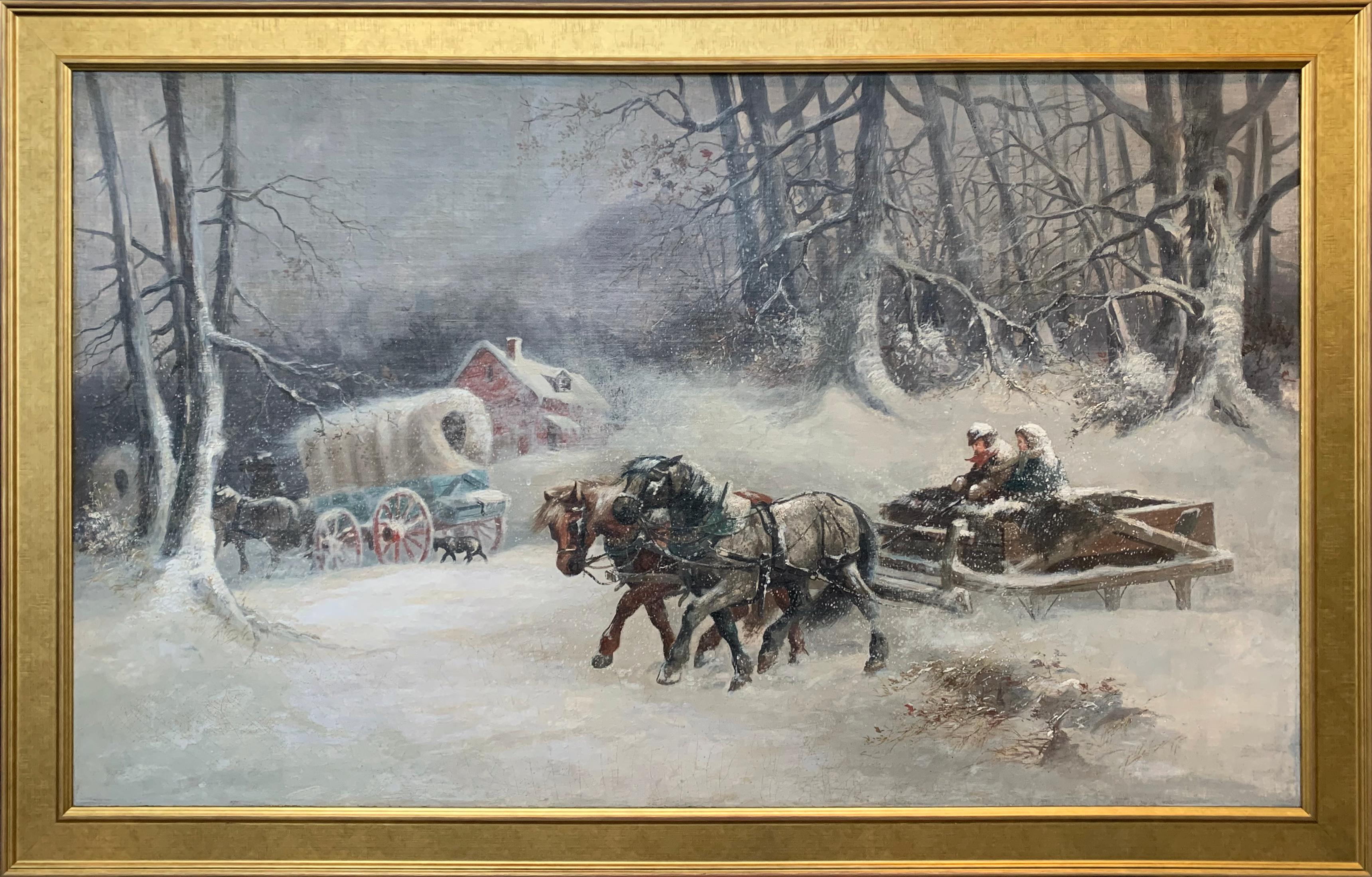 Winter Horses and Sleigh, Snow Landscape of North American Frontier and Pioneers - Painting by C F Witman