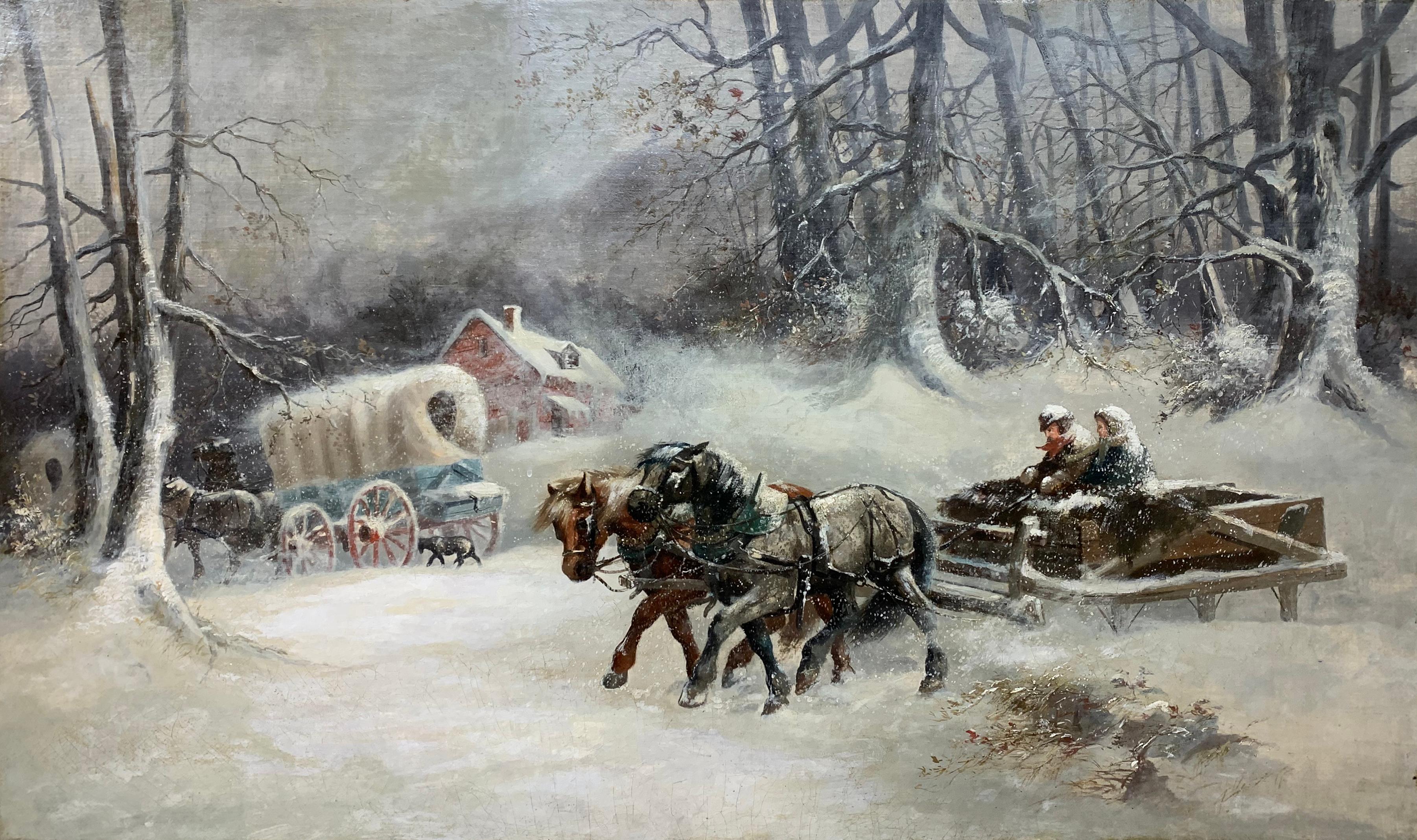 C F Witman Landscape Painting - Winter Horses and Sleigh, Snow Landscape of North American Frontier and Pioneers