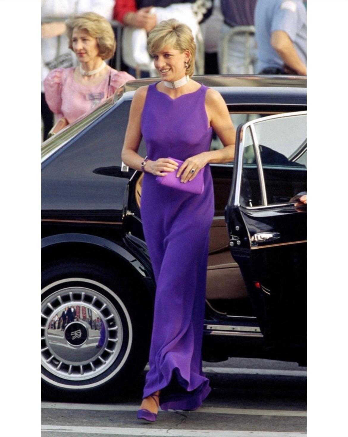 1996 Rare Gianni Versace Couture Dress as seen on Princess Diana. Her dress was custom made in royal purple color, but had the same cut.
IT Size 40
67% Silk, 33% Rayon
Fully lined
length 56
