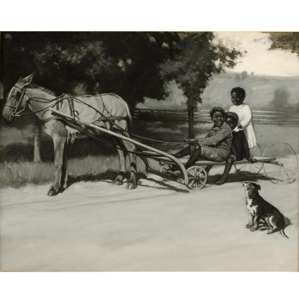 Joyful Youth, black and white monochromatic scene of Kids on cart pulled by donkey
 - Framed dimensions: 29 in x 25 in.