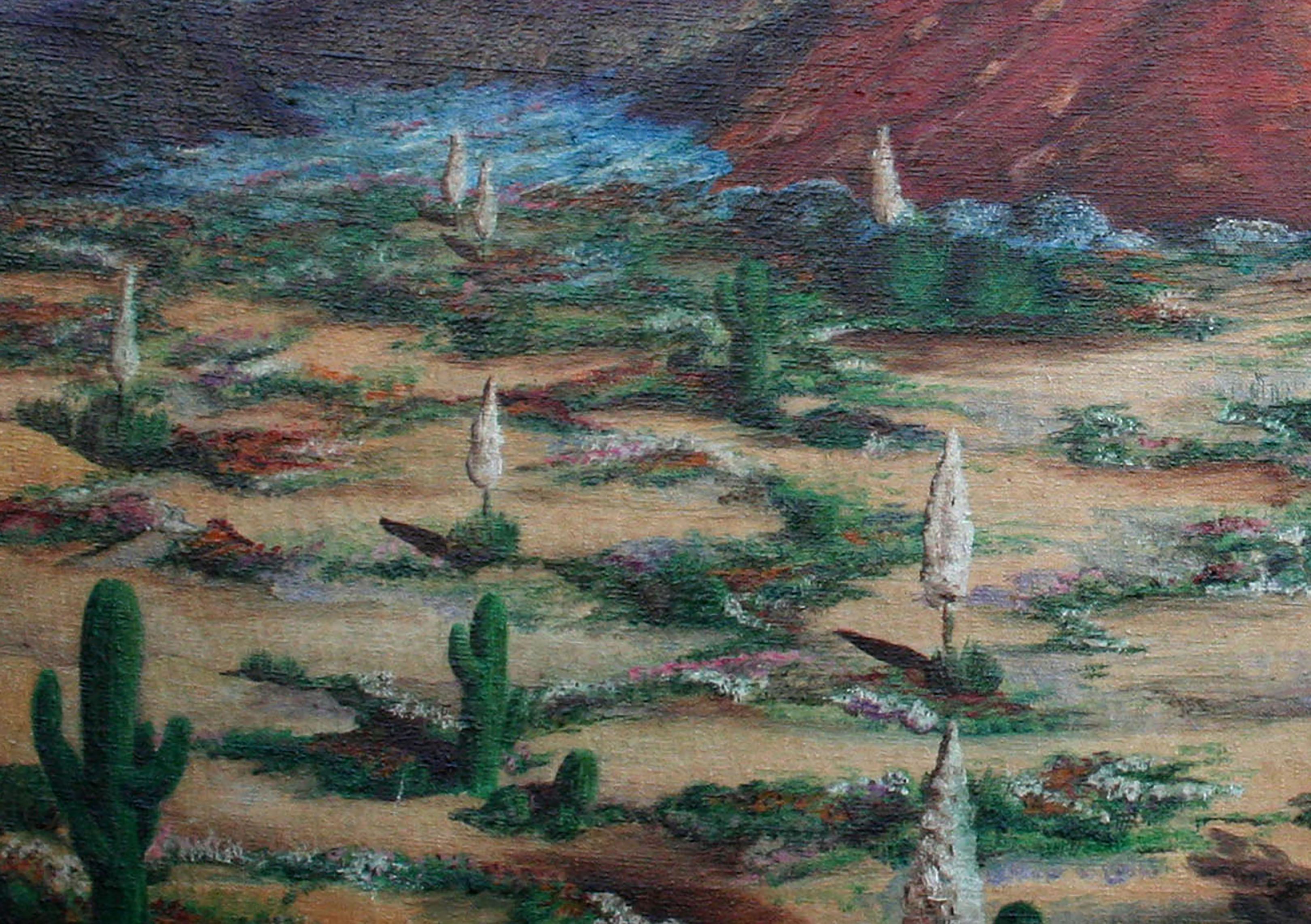 Mid Century Southwest Desert Landscape in Oil on Canvas

Vast Southwest plein air landscape of a desert scene with mountains, cacti, and other desert plants by California artist C. Gallagher (American, 20th century). The foreground is full of desert