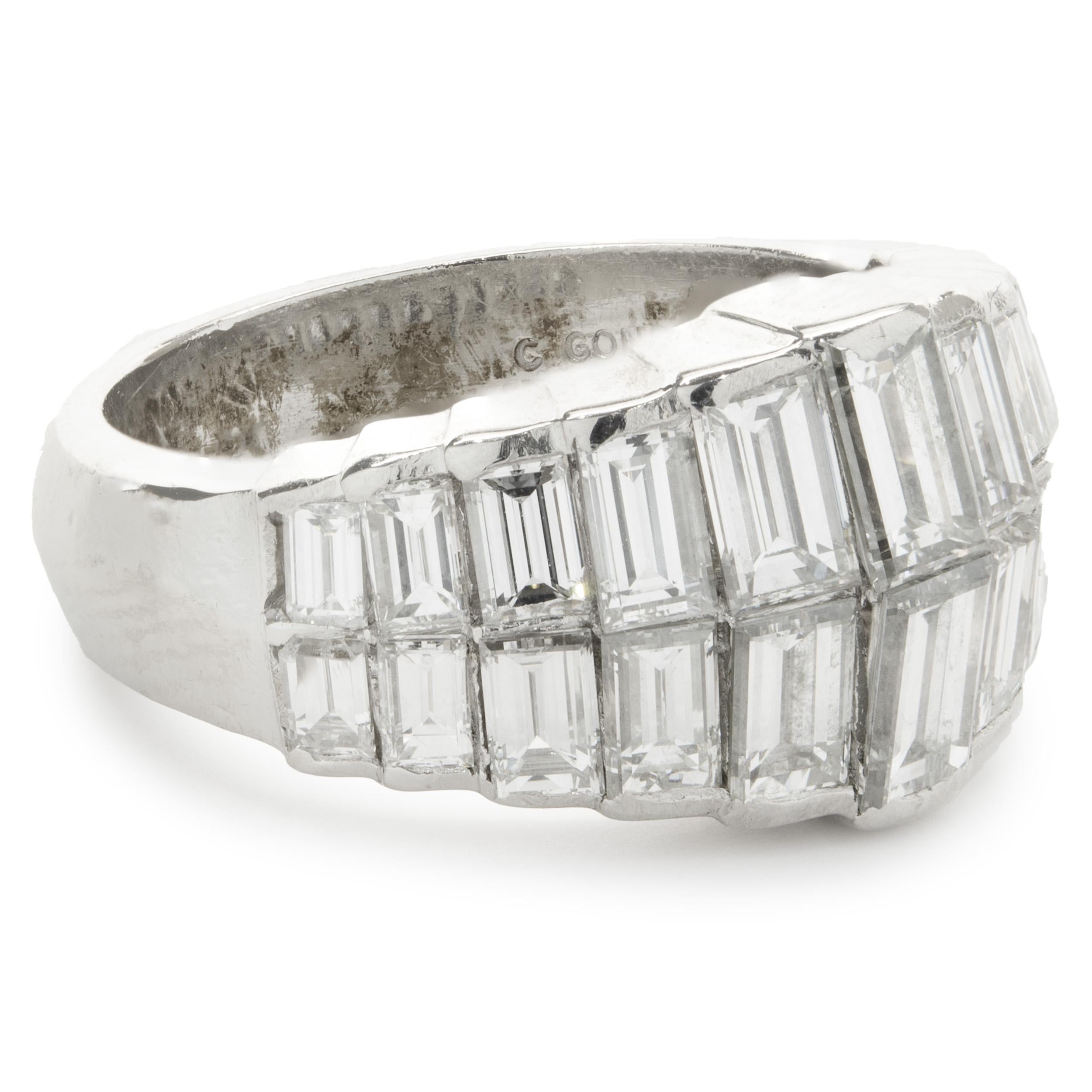 Designer: C. Gonshor
Material: Platinum
Diamond: 22 baguette cut = 1.30cttw
Color: H
Clarity: SI1
Ring size: 5.5 (please allow two additional shipping days for sizing requests)
Weight:  13.18 grams