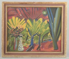 C. Grahn. Abstract composition with trees and figure. Oil on panel. 1958