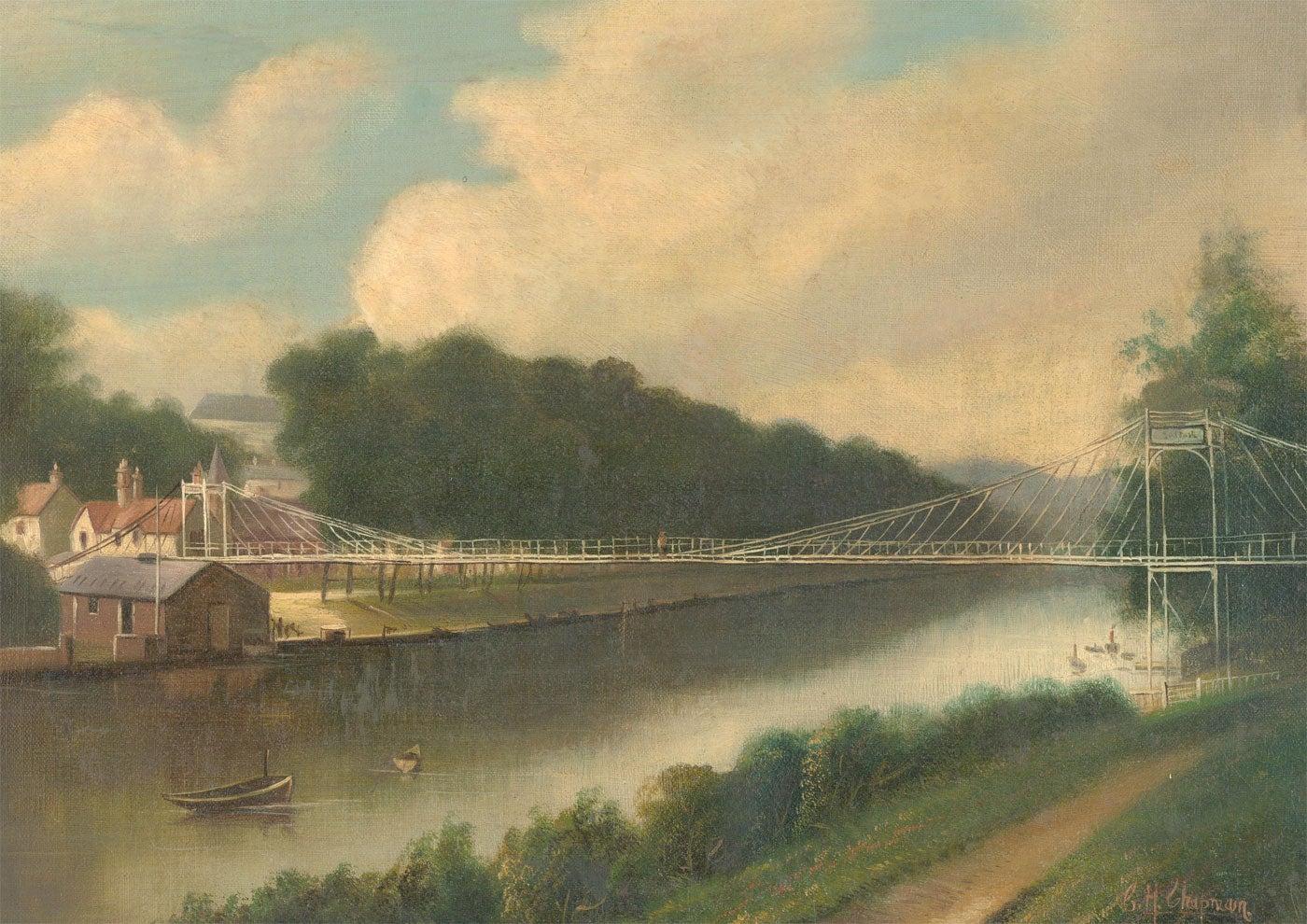 Eine schöne Ölansicht der ursprünglichen Hängebrücke im Queen's Park, Chester, aus dem frühen 20. Die Brücke wurde abgerissen und ab 1922 neu gebaut. Dieses Bild wurde wahrscheinlich kurz vor dem Abriss gemalt. Der Künstler hat in der rechten