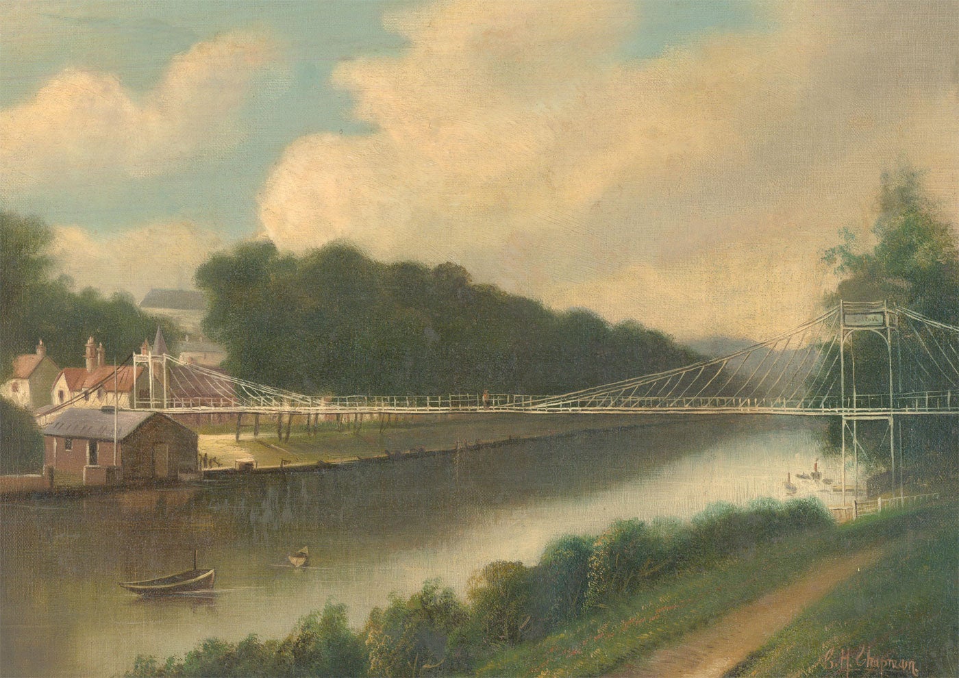 A fine early 20th Century oil view of the original suspension bridge in Queen's Park, Chester. The bridge was demolished and rebuilt, starting in 1922. This was likely painted shortly before the demolition. The artist has signed to the lower right