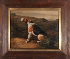 Attribué. Huile encadrée du début du 20e siècle représentant un chien dans un paysage, par C. Harrison