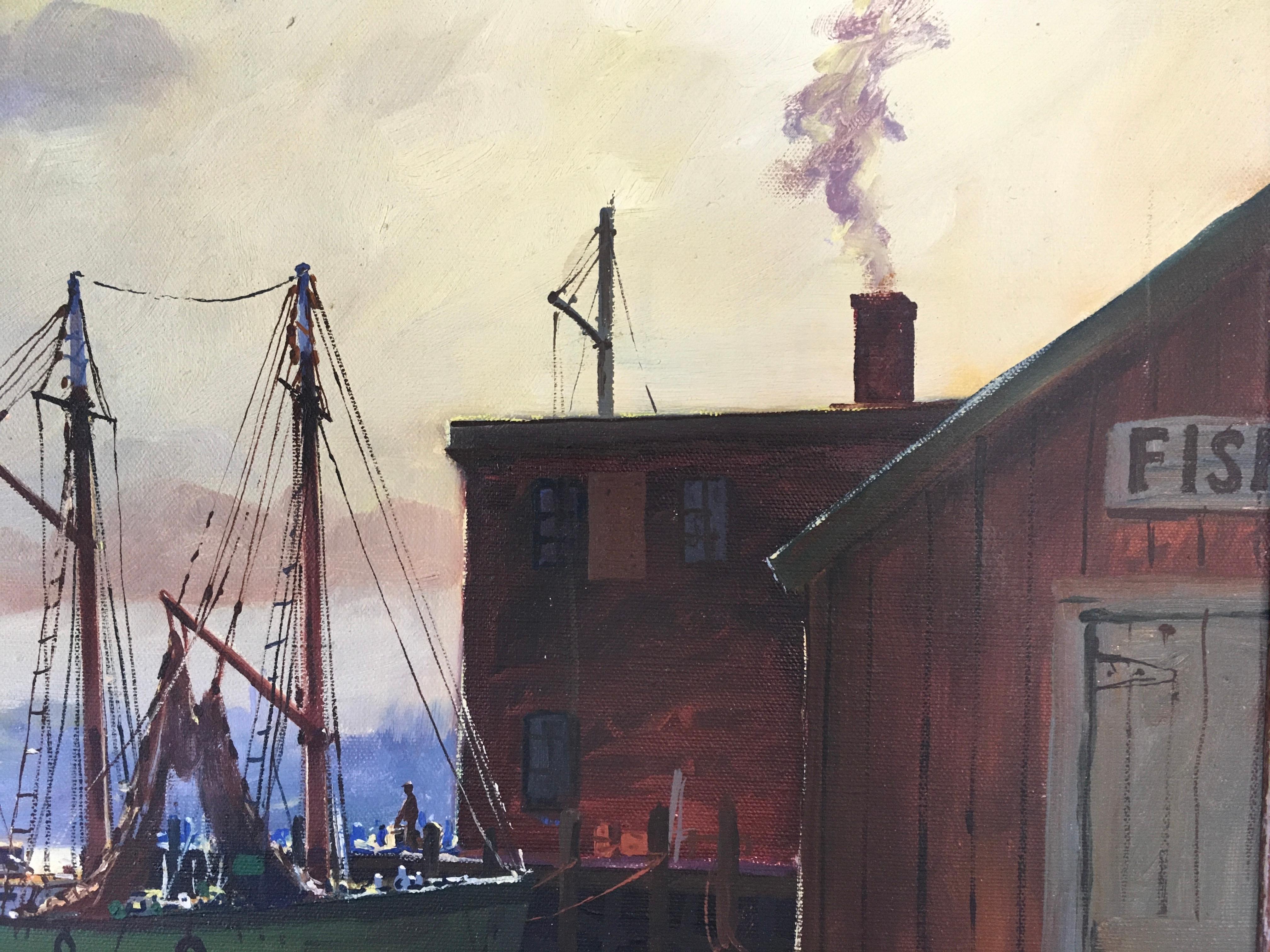 'Boats at Dock', by C. Hjalmar Amundsen, Oil on Canvas Painting For Sale 1
