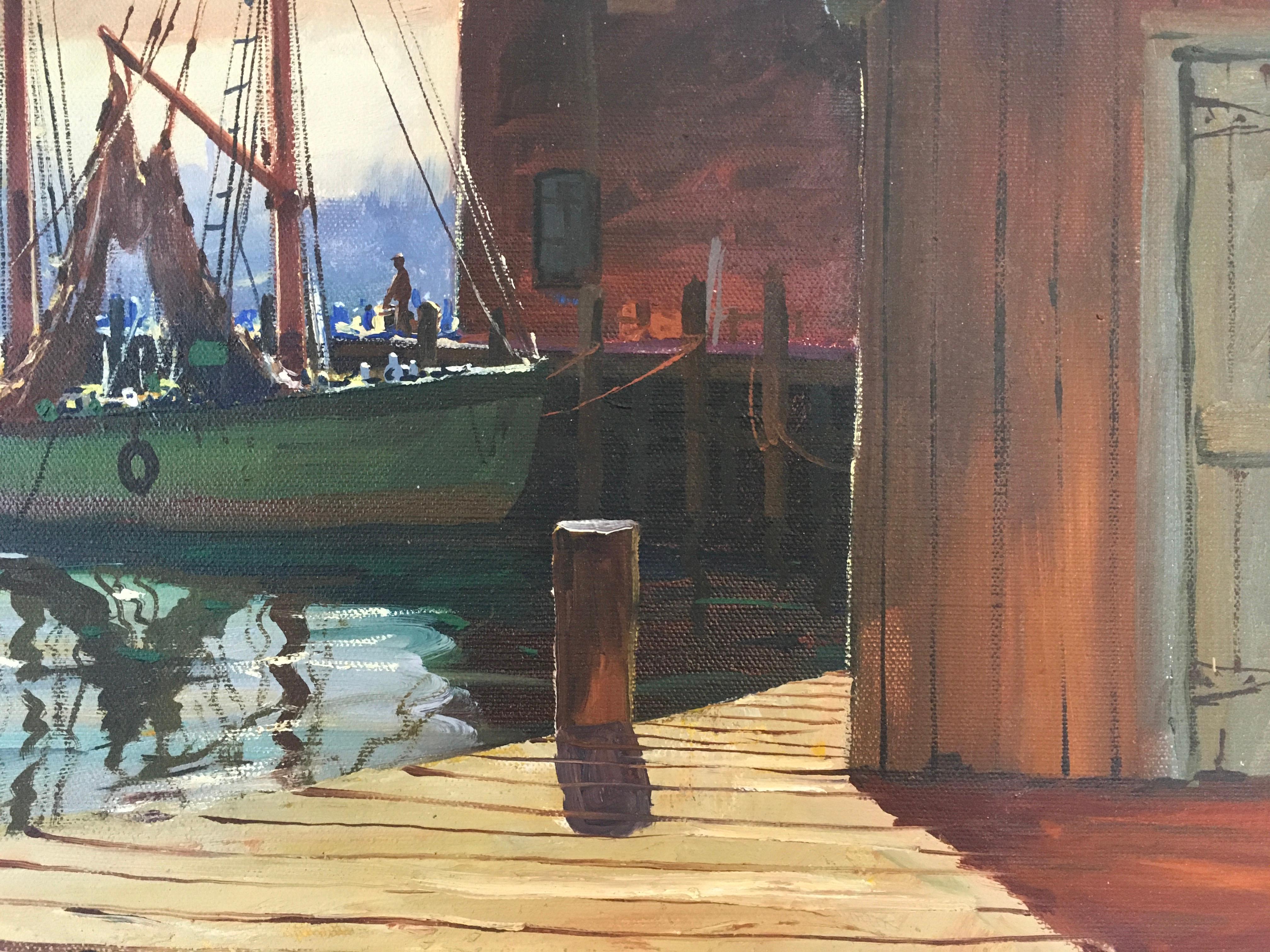 'Boats at Dock', by C. Hjalmar Amundsen, Oil on Canvas Painting For Sale 2