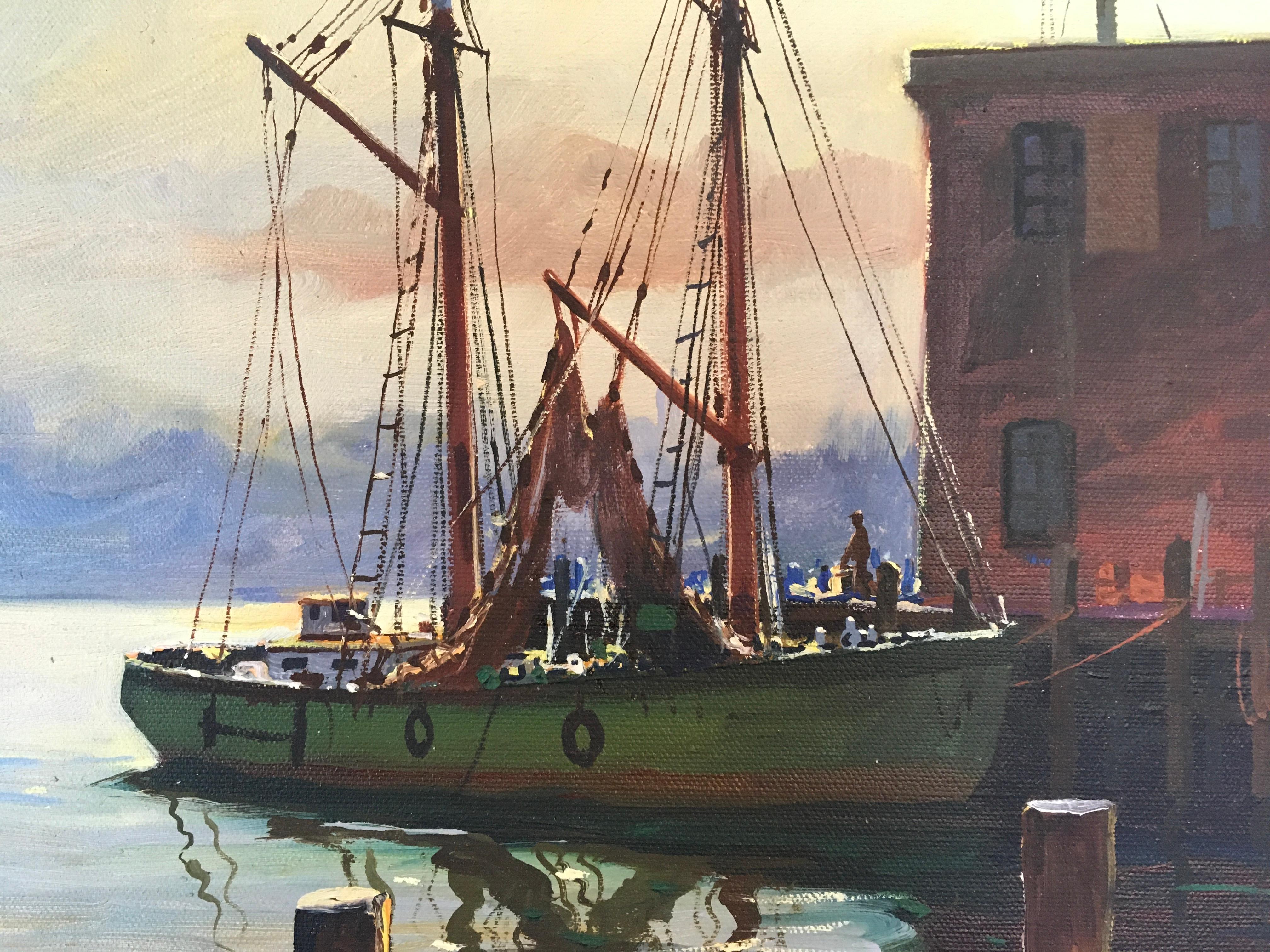 'Boats at Dock', by C. Hjalmar Amundsen, Oil on Canvas Painting For Sale 3