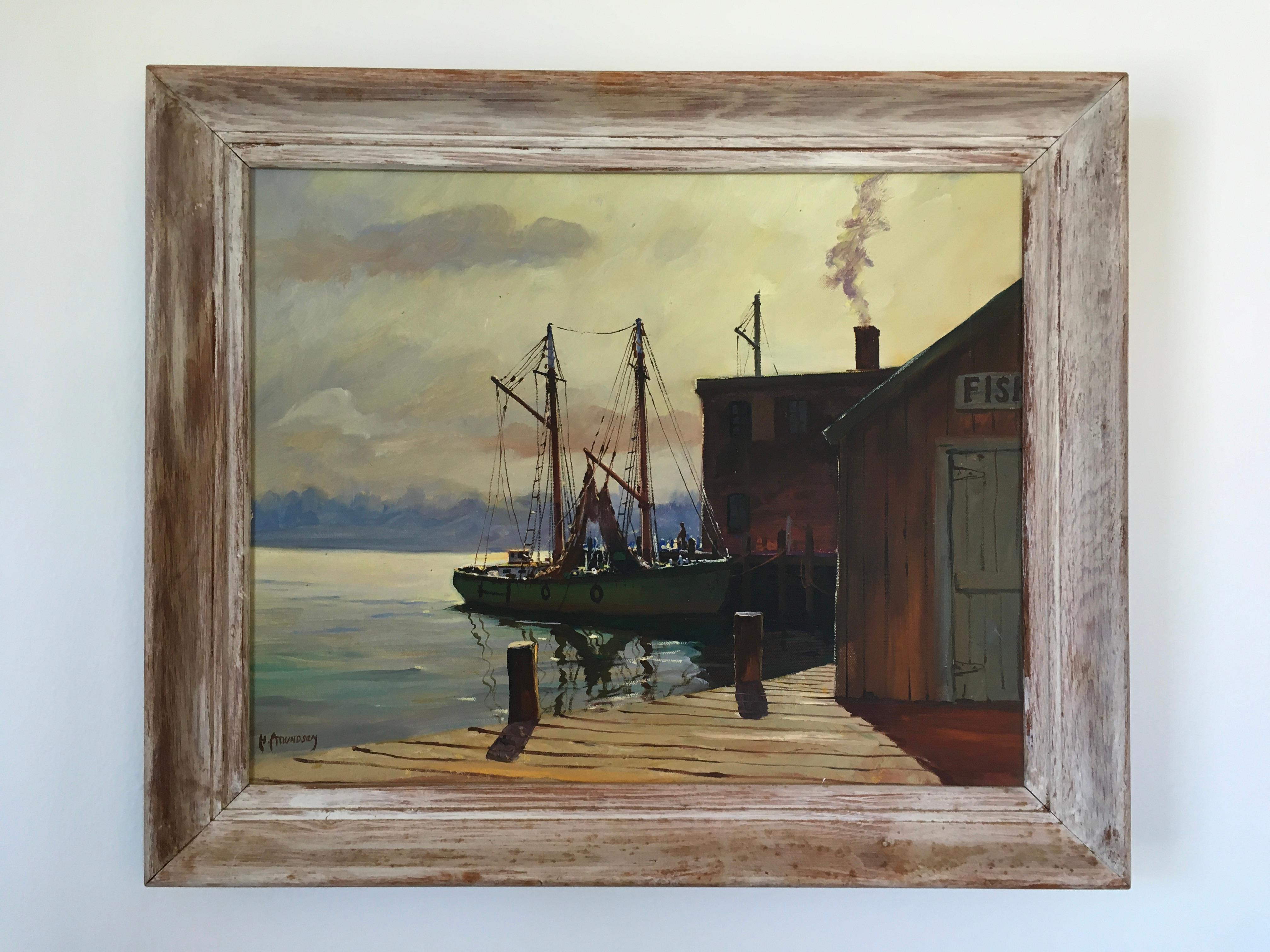 C Hjalmar Amundsen Landscape Painting - 'Boats at Dock', by C. Hjalmar Amundsen, Oil on Canvas Painting