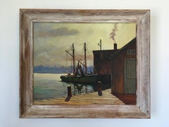 'Boats at Dock', by C. Hjalmar Amundsen, Oil on Canvas Painting