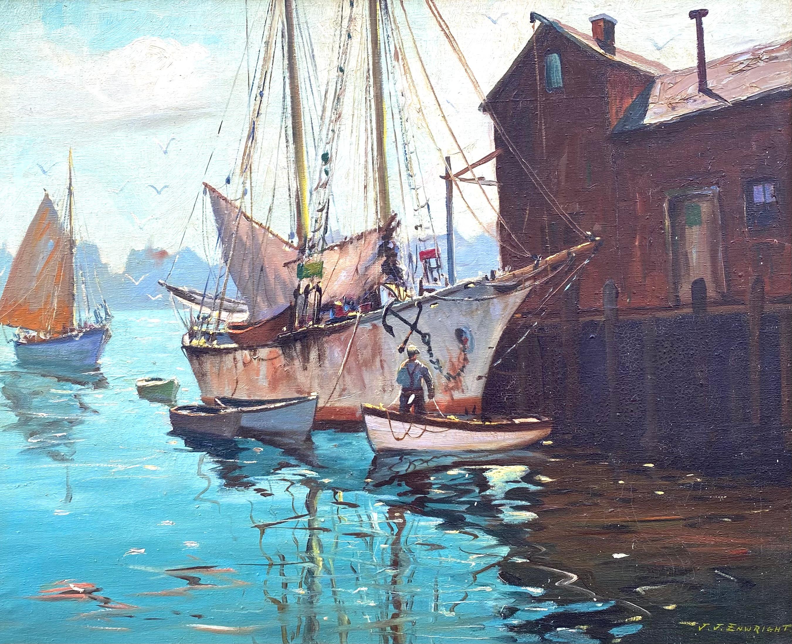 “At the Wharf, Cape Cod” - Post-Impressionist Painting by C. Hjalmar Amundsen
