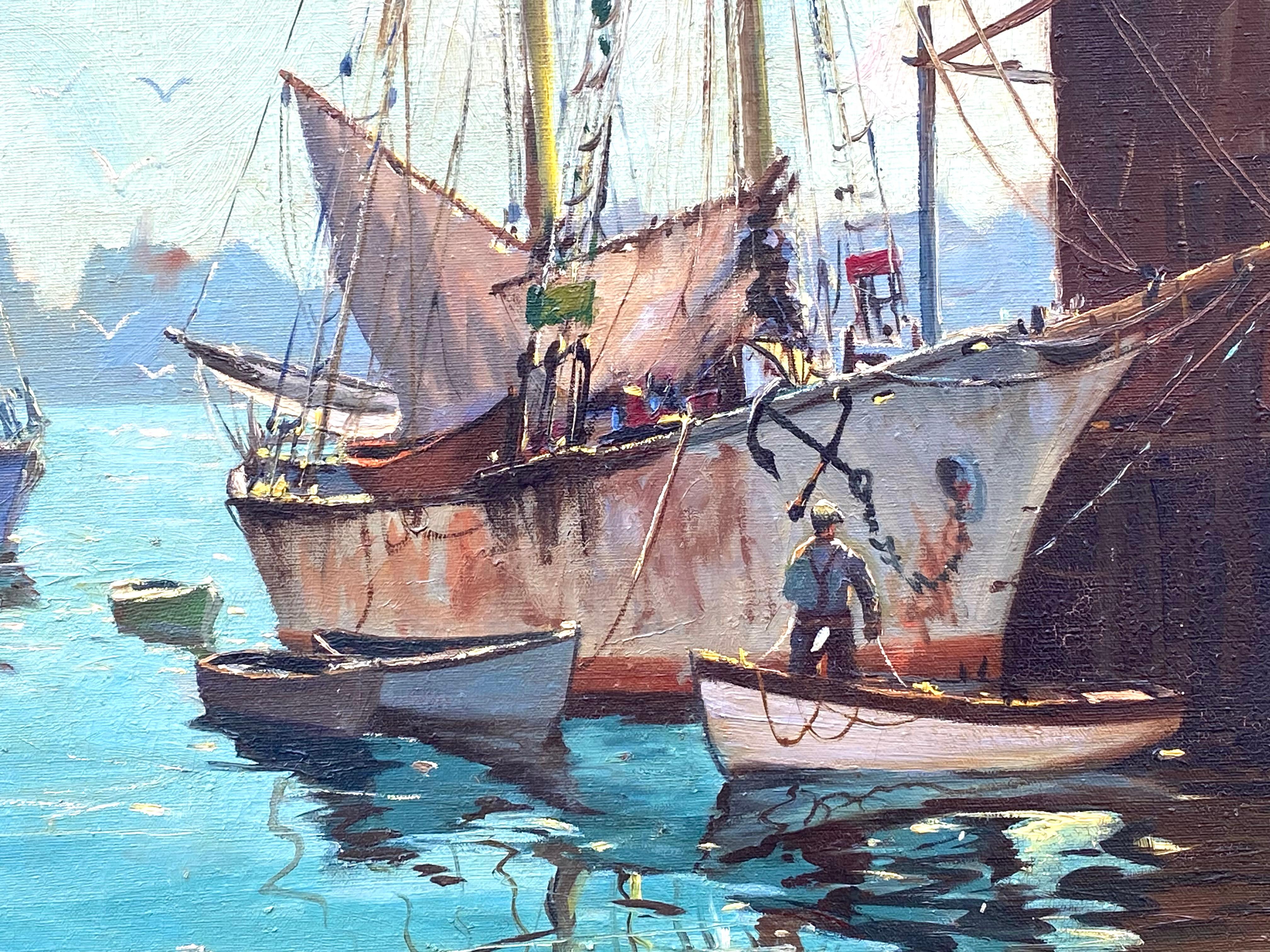 Original oil on canvas painting of the wharf in Cape Cod, Massachusetts done by the well know marine artist C. Hjalmar (Cappy) Amundsen. Signed lower right with one of his many pseudonyms. “J.J. Enright.  Circa 1960. Titled verso on stretcher verso.